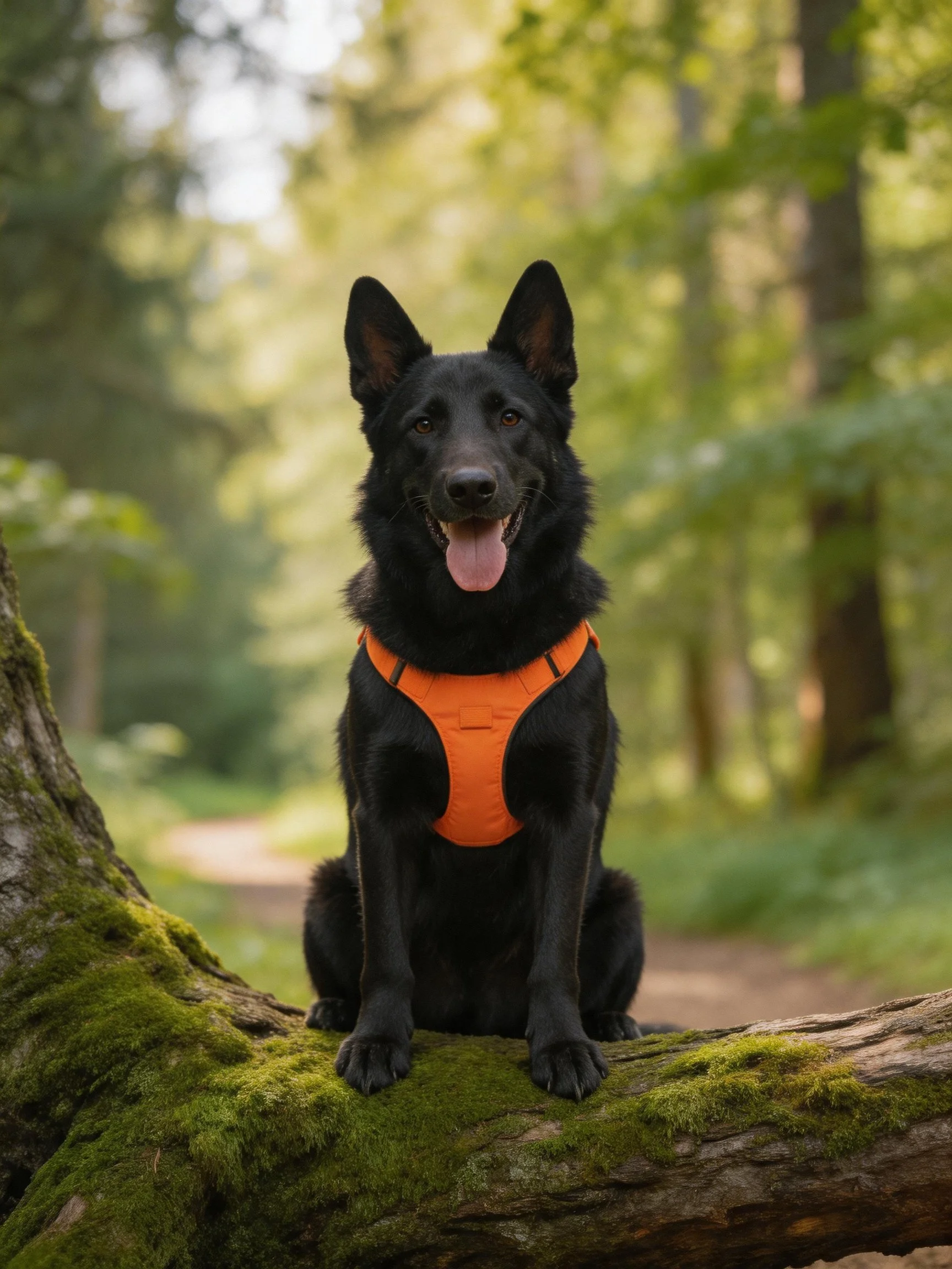 A black dog with an orange harness sits on a mossy log in a sunlit forest.