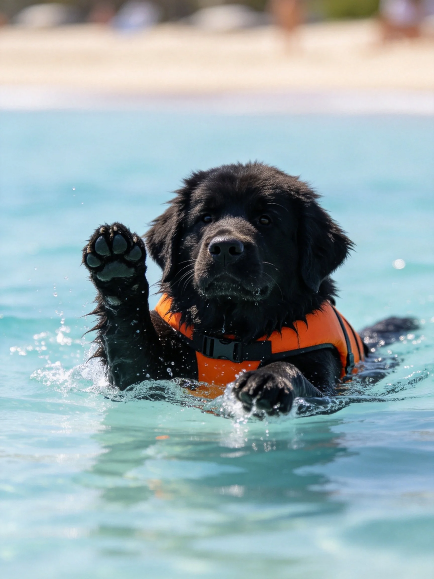 A black dog with an orange life jacket swims in clear blue water