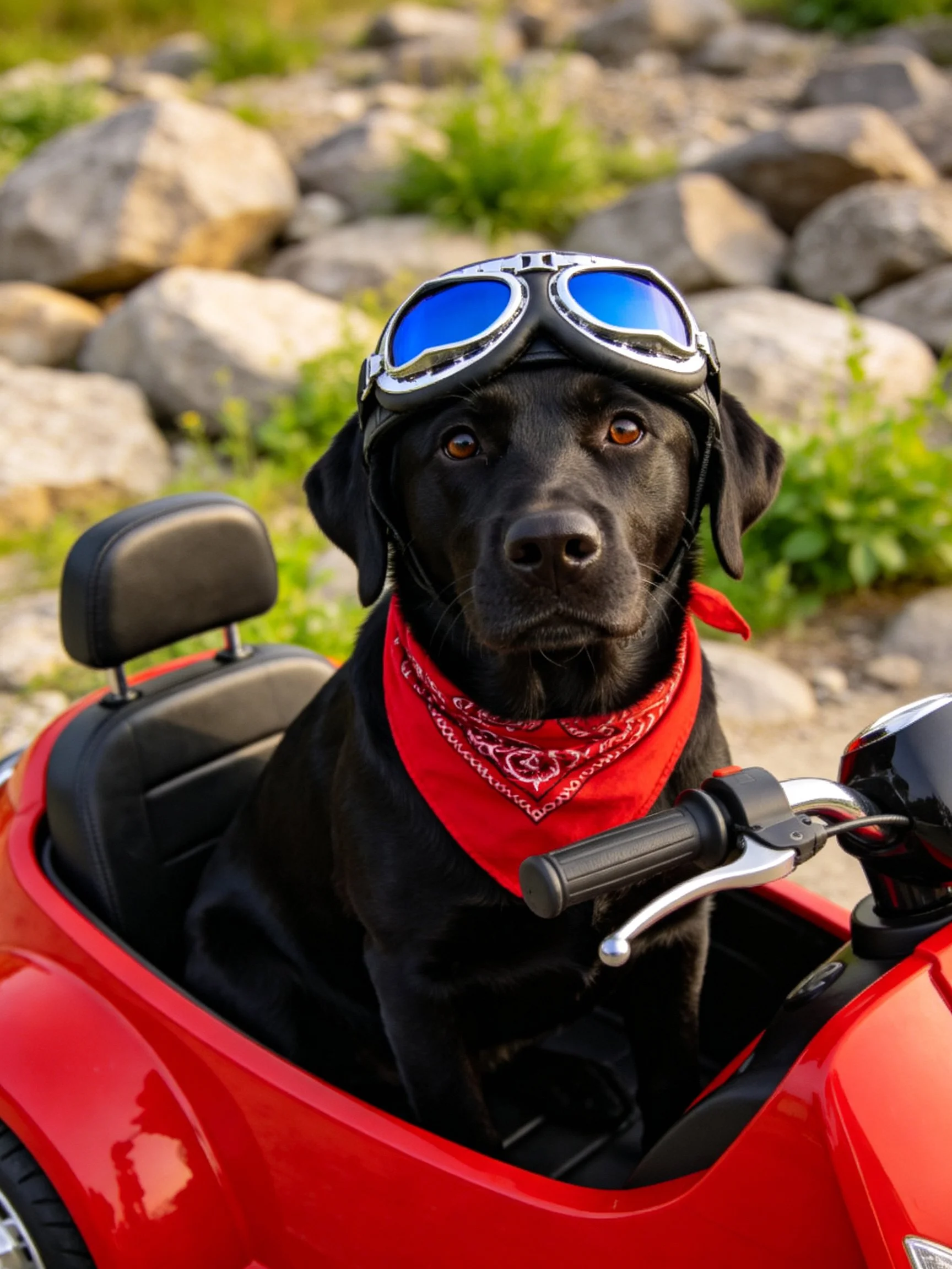 A black dog dressed as a biker sits on a small red motorcycle.