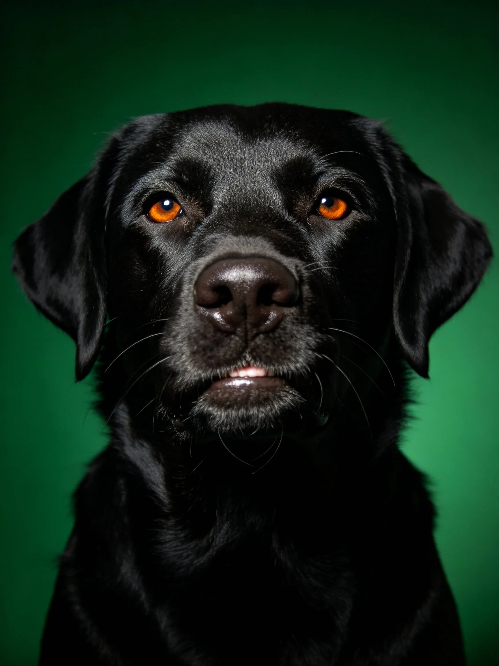 A black dog with bright amber eyes against a solid green backdrop
