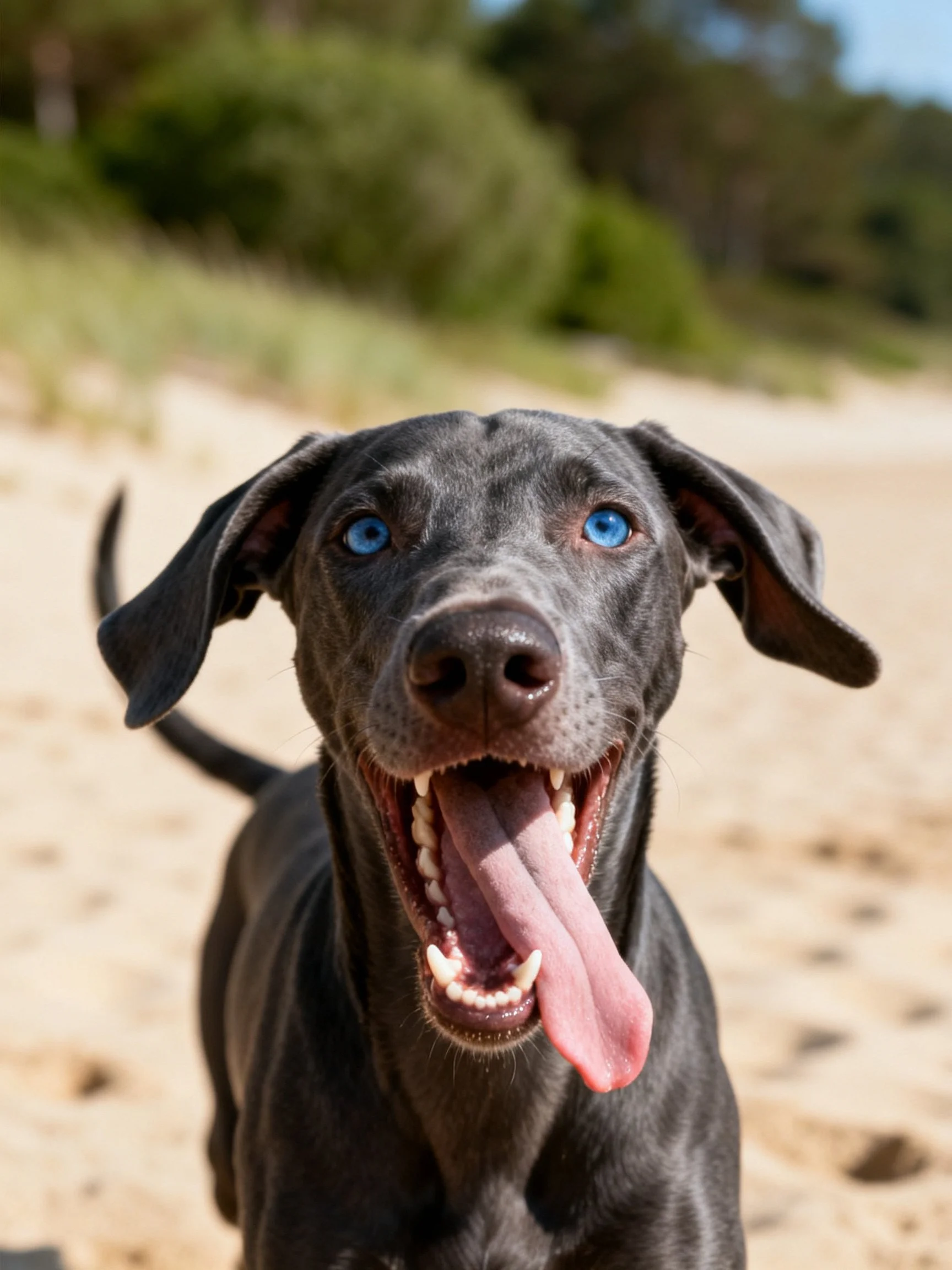 A black dog with blue eyes pants joyfully on a sandy outdoor area.
