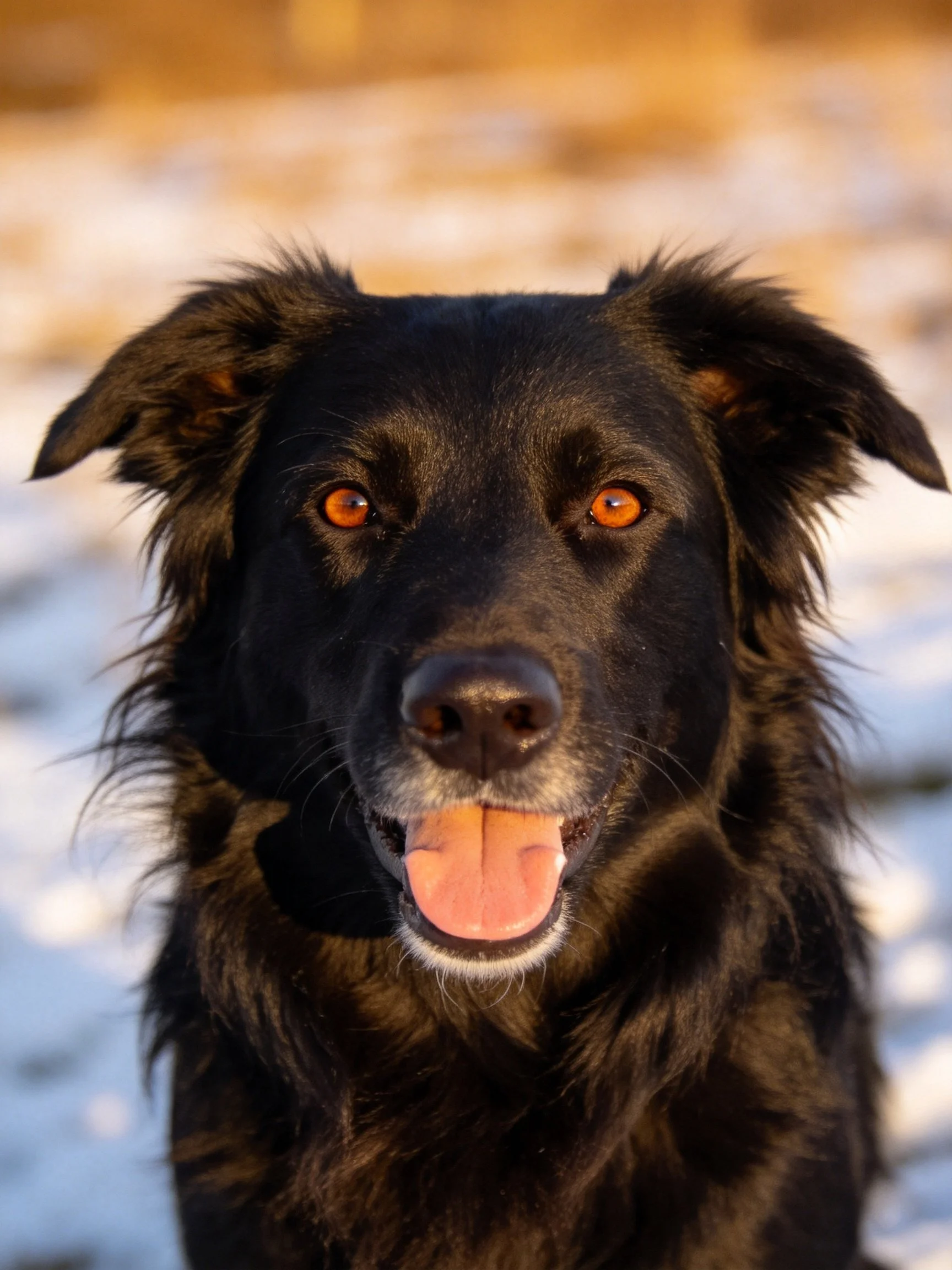 A black dog with bright orange eyes stands in a snowy environment.