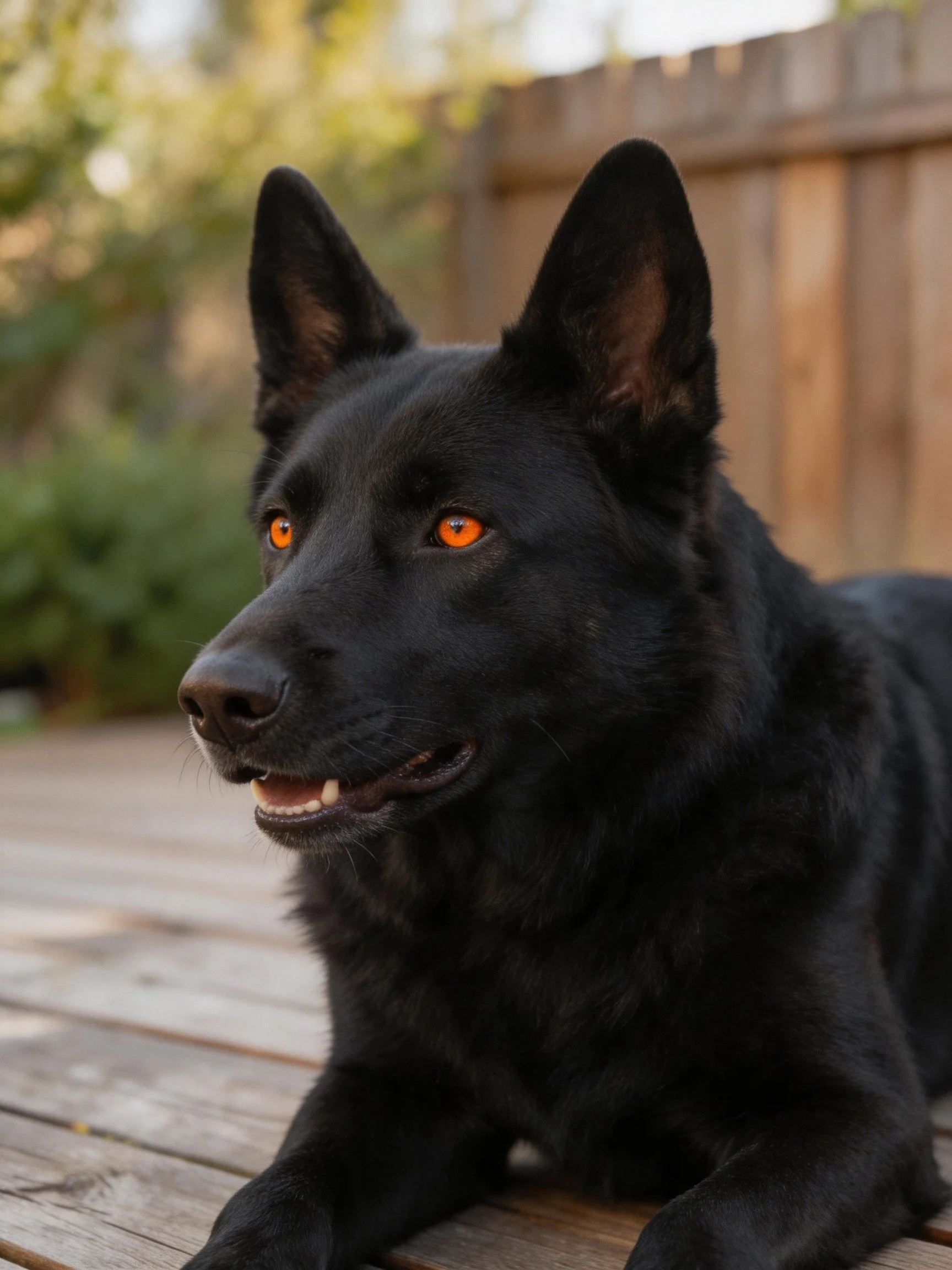 A black dog withvivid orange eyes relaxes on a wooden deck.