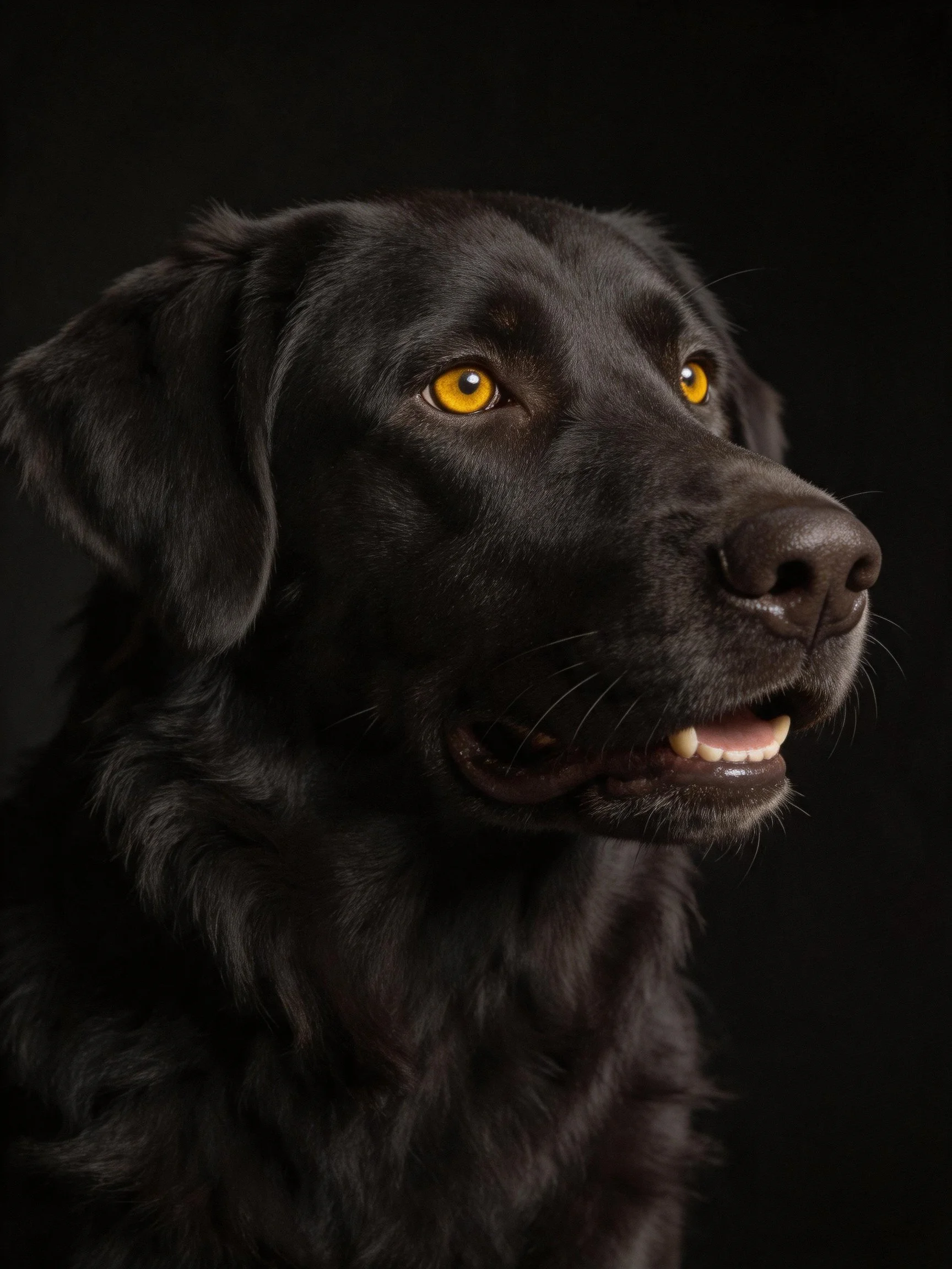 Close - up portrait of a black dog with striking yellow eyes.