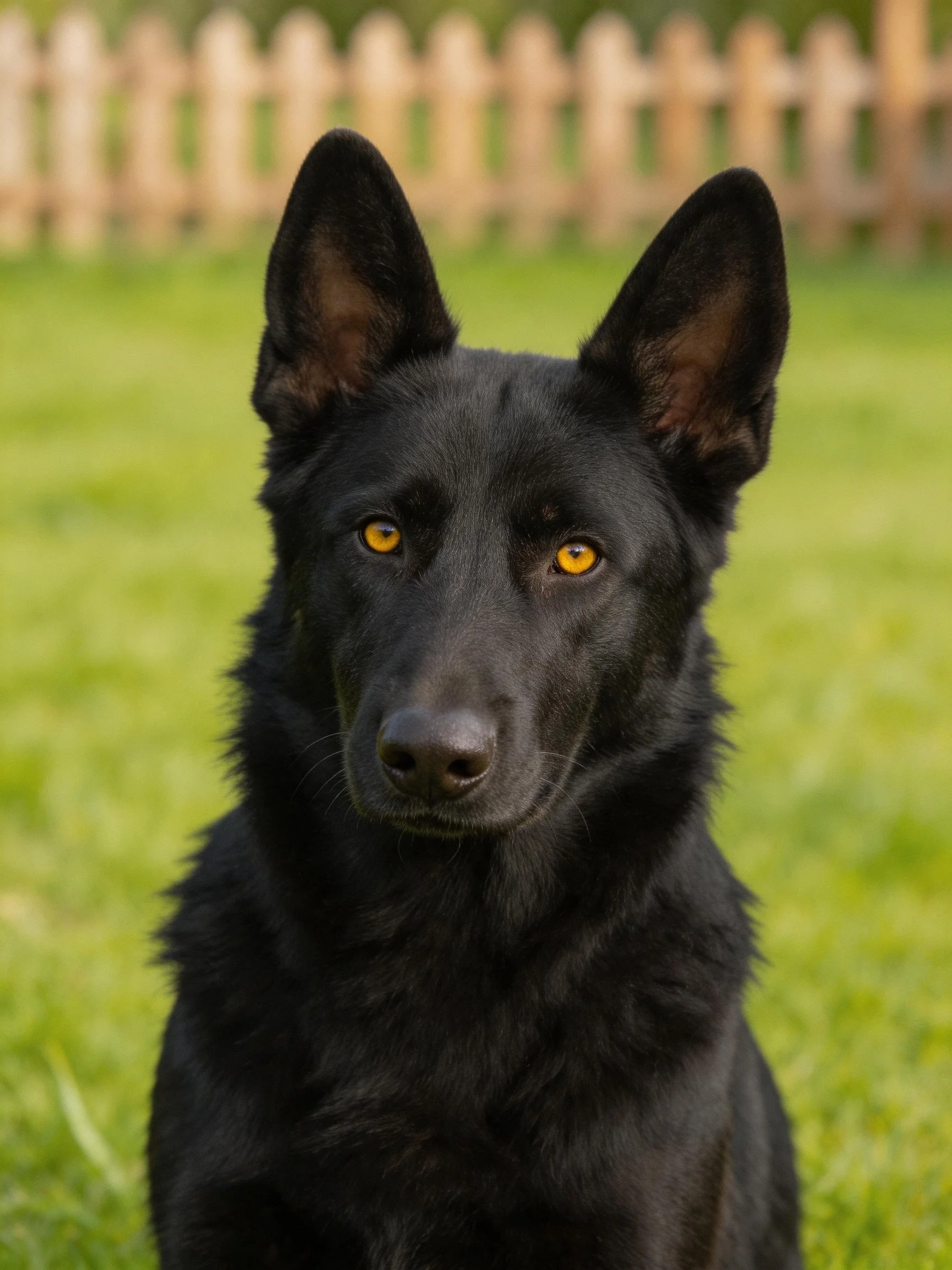 A black dog with yellow eyes sits on green grass beside a wooden fence