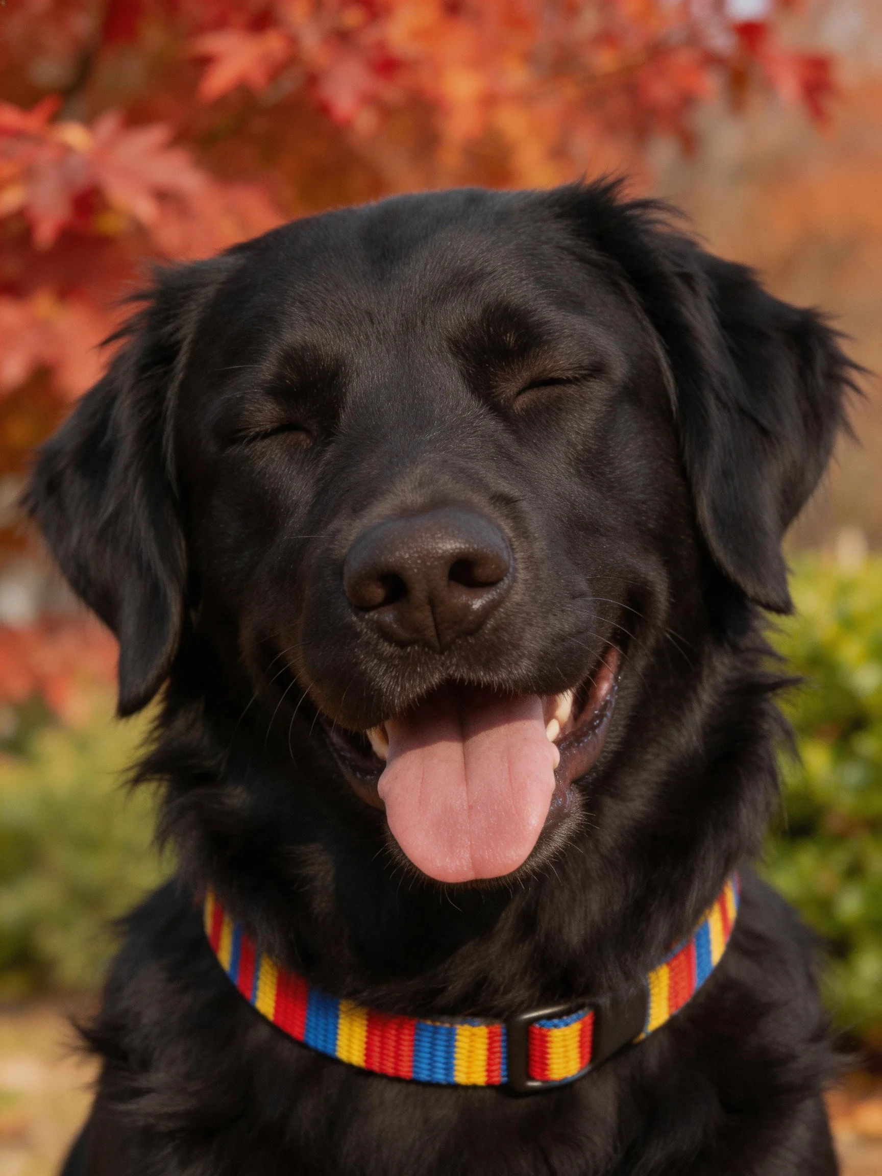 A black dog with colorful striped collar near autumn foliage