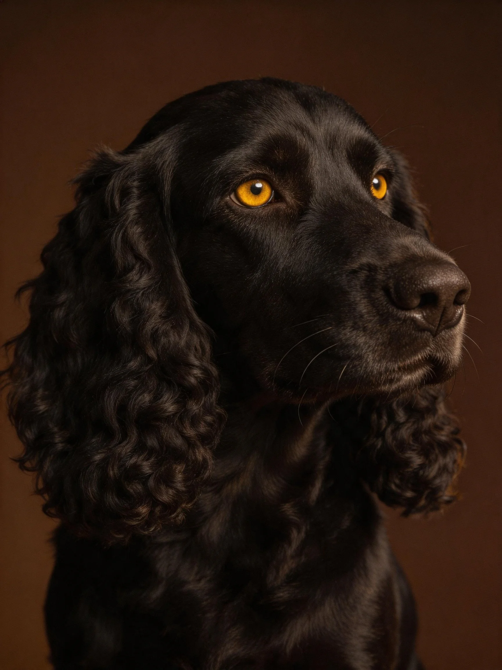 A black dog with curly ears and golden eyes