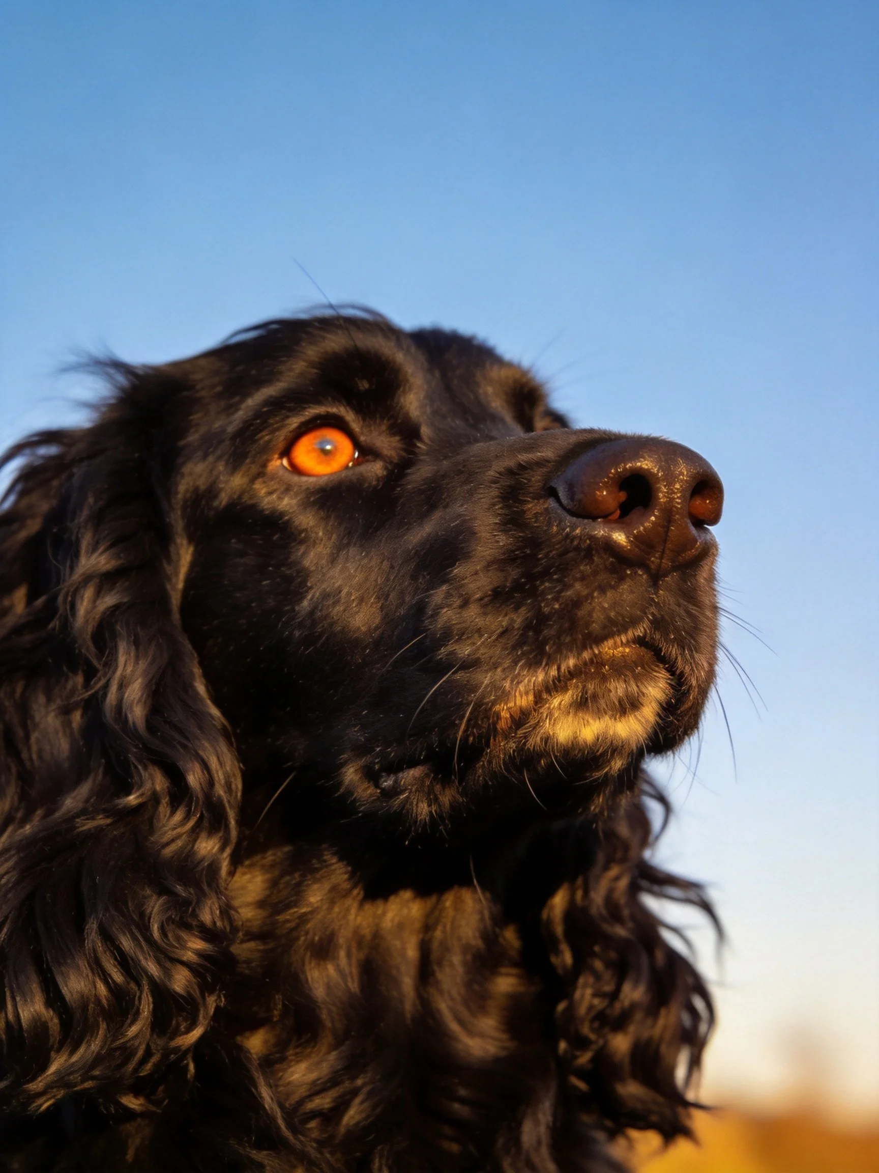 A black dog with curly fur and bright orange eyes against a clear blue sky