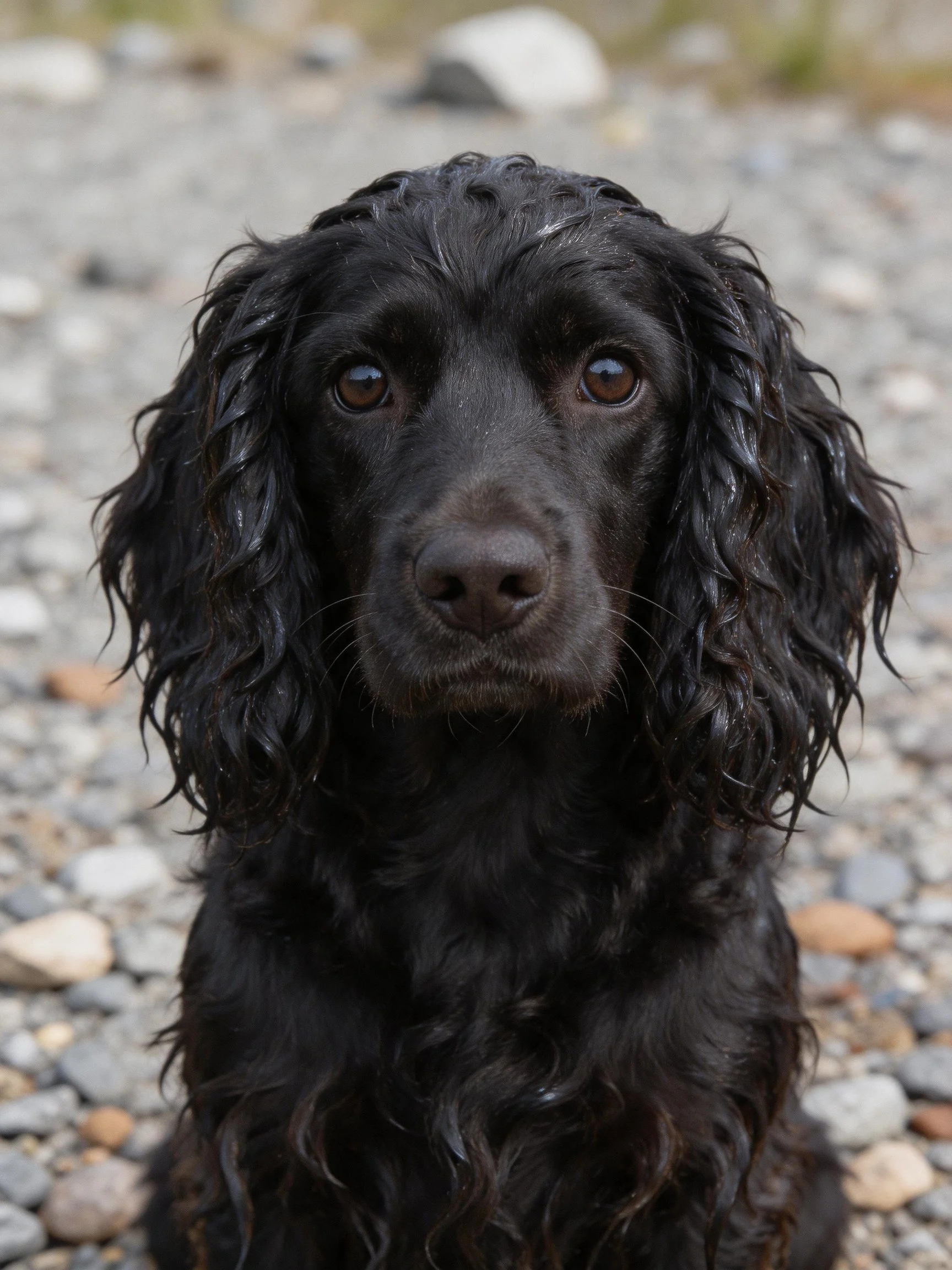 A black dog with curly wet fur on a gravel path