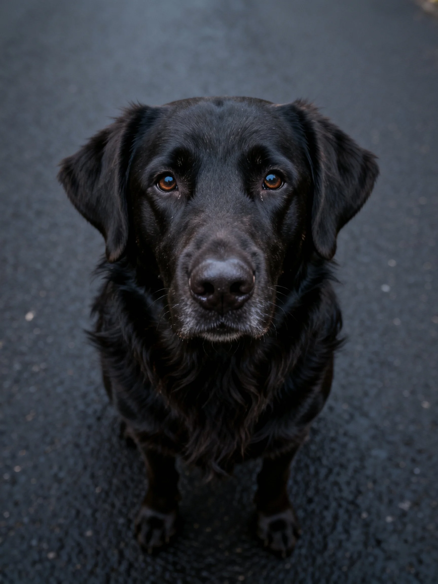 A black dog looks upward while sitting on a dark paved area.