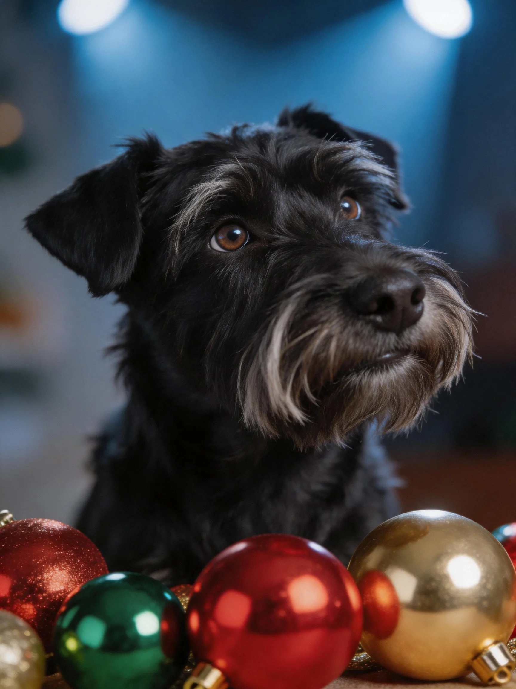 A black dog with gray facial markings near colorful Christmas ornaments