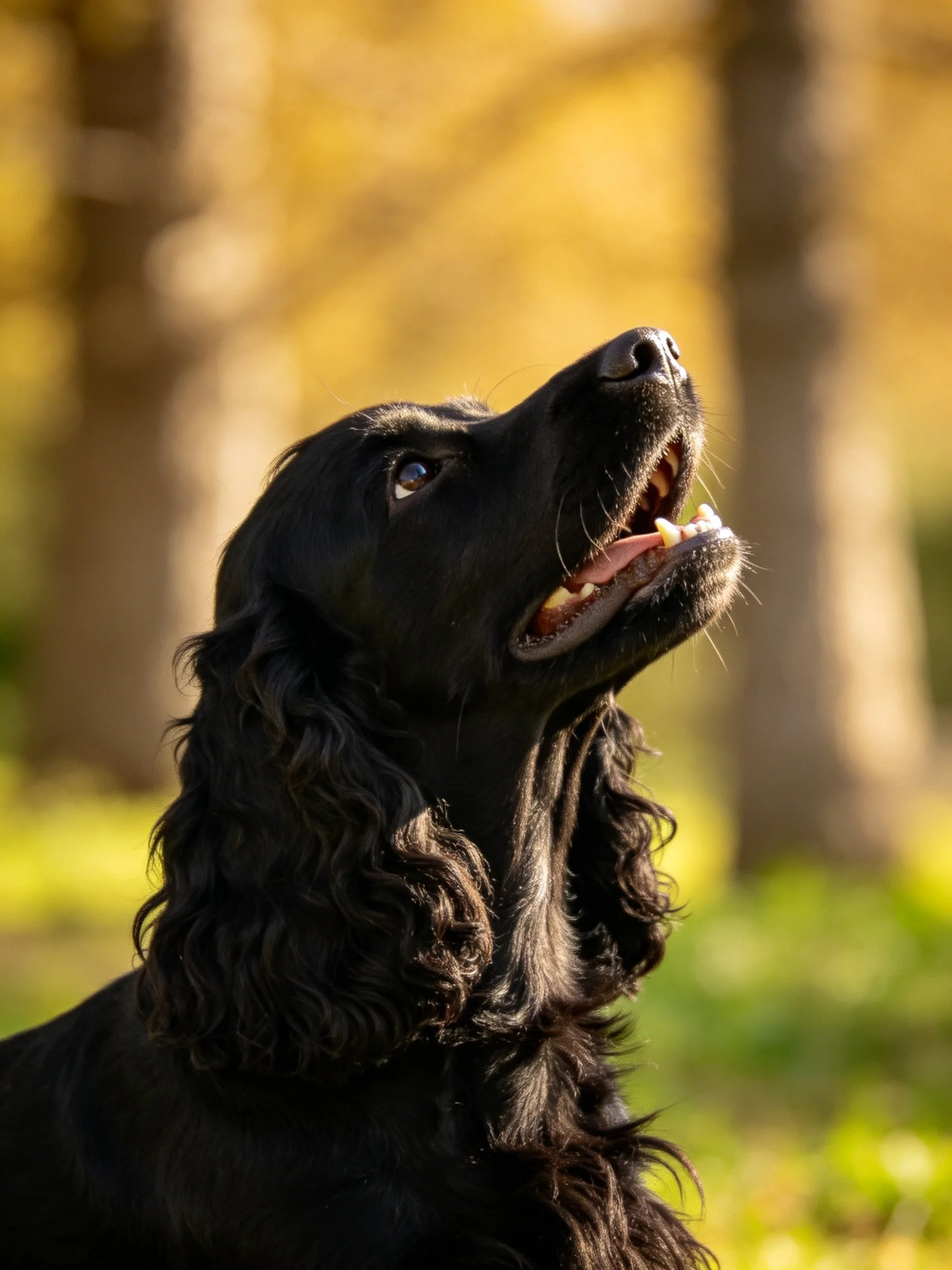 A black dog with long, curly fur looks upward in a sunlit natural setting.