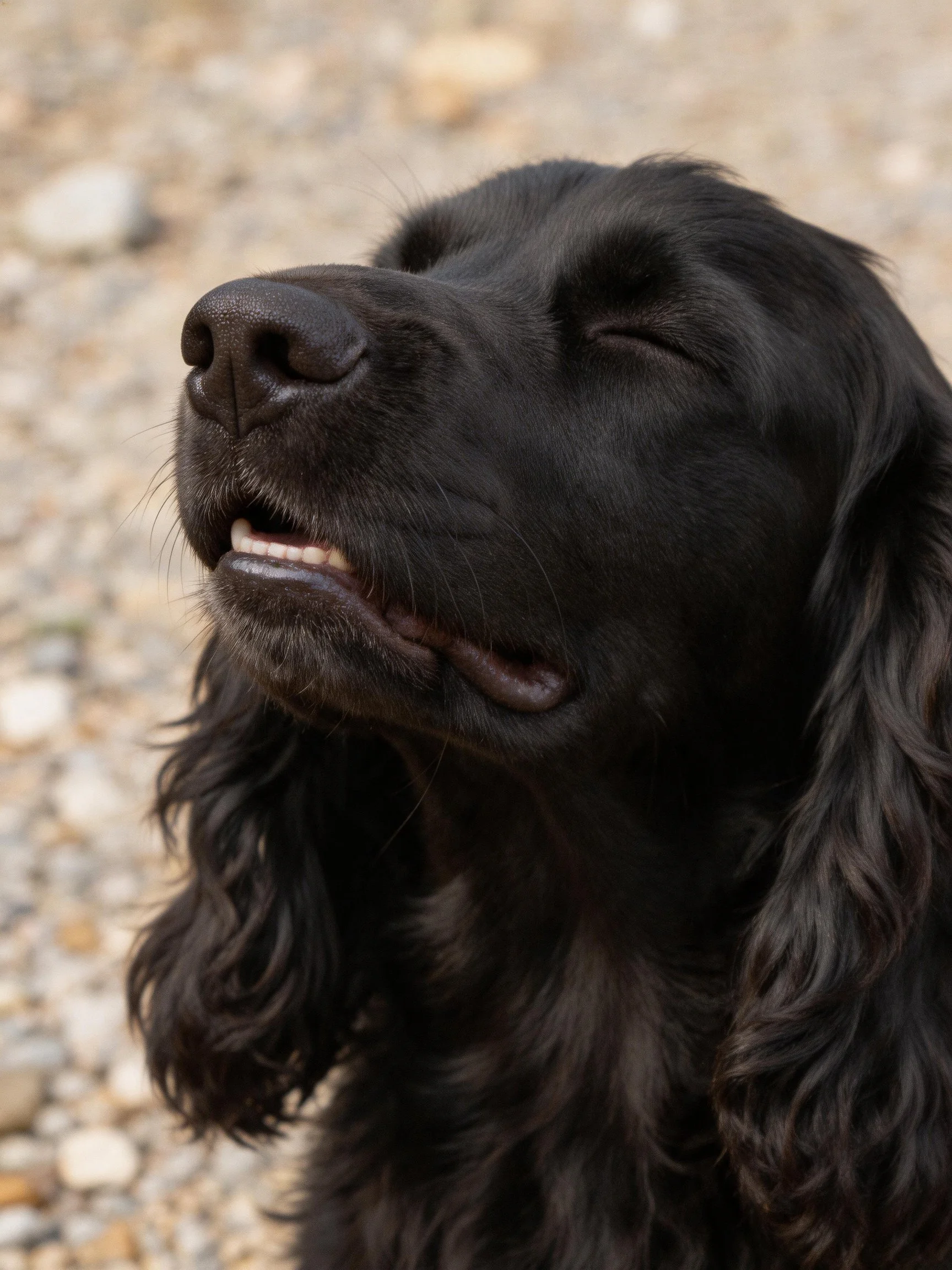 A black dog with long, curly fur resting outdoors