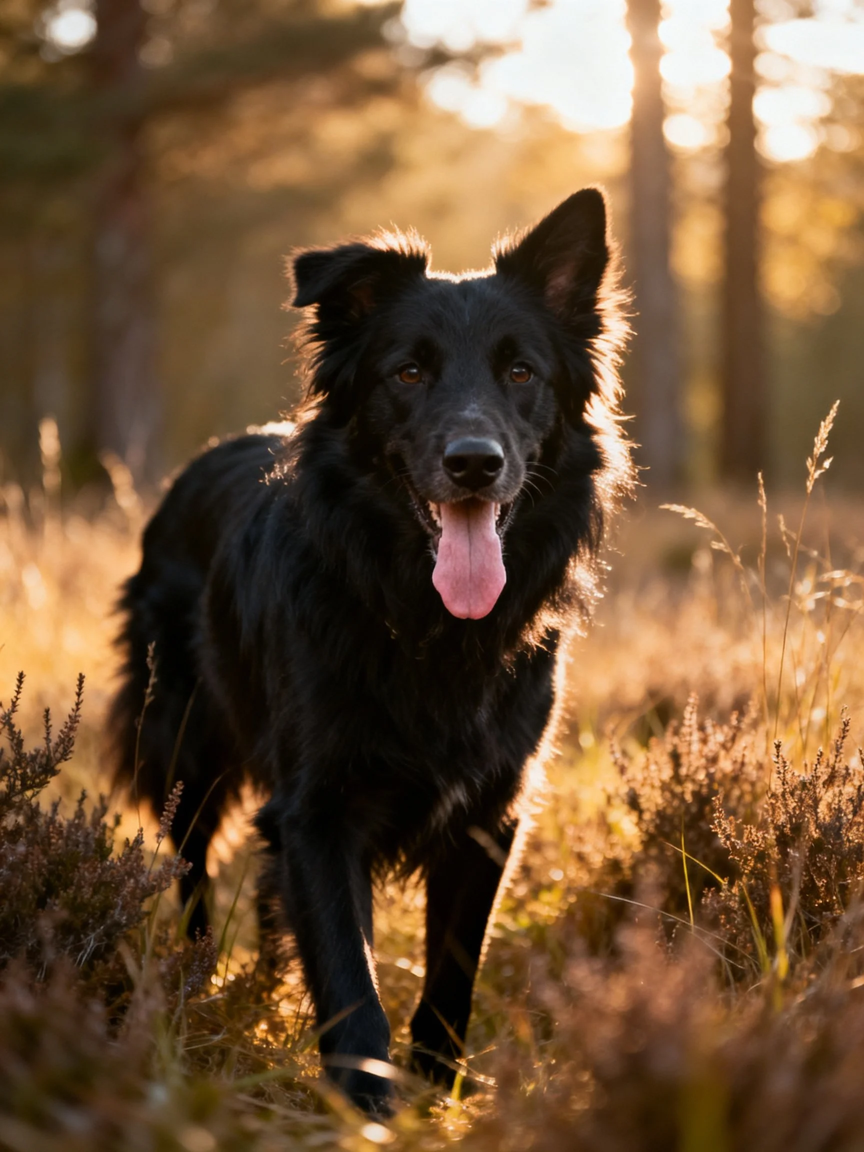 A black dog with long fur stands in a sunlit forest clearing.