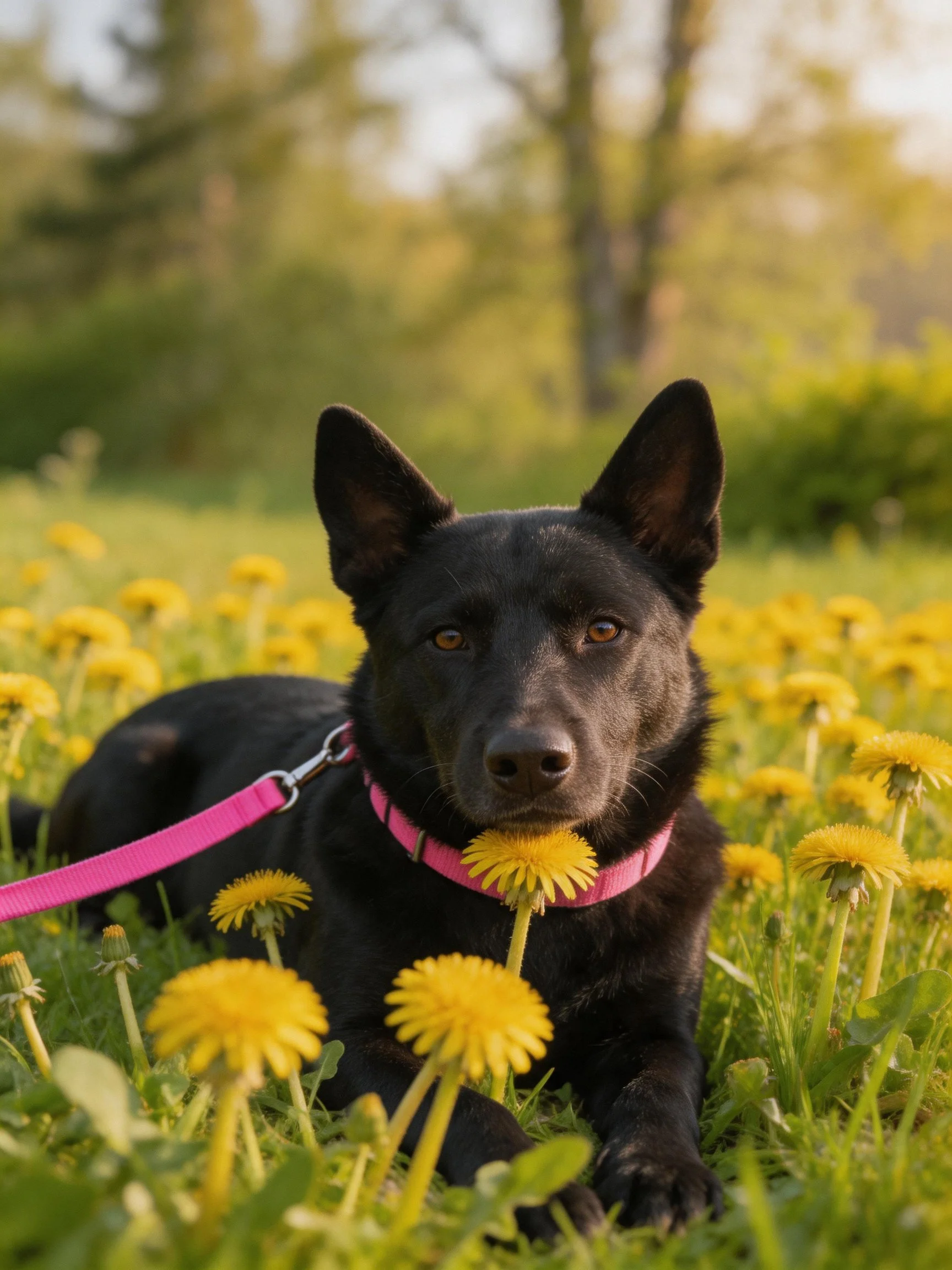 A black dog rests amid yellow dandelions while wearing a pink collar.