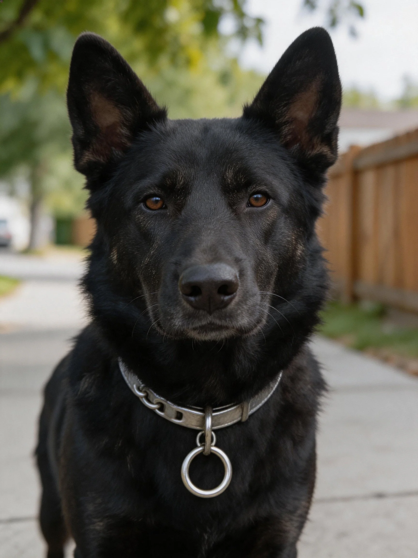 A black dog with pointed ears wears a metal collar