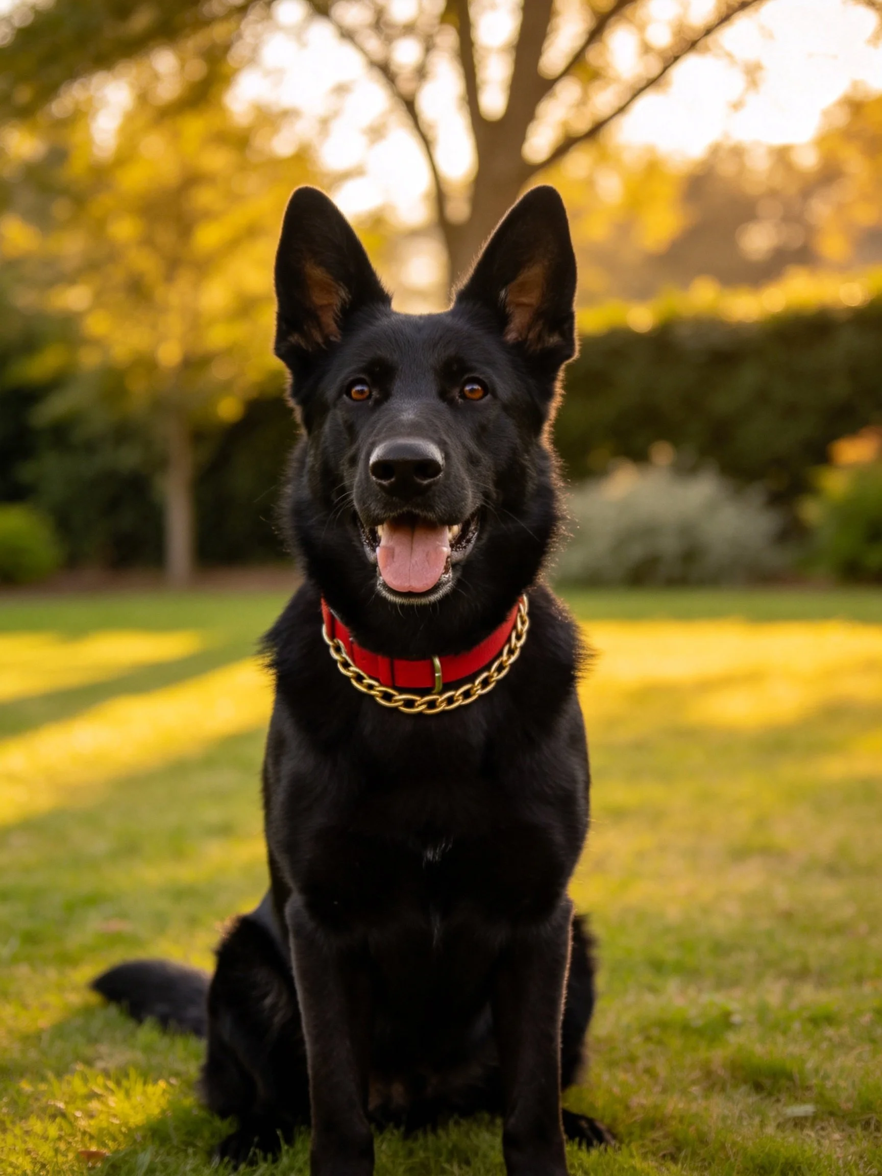 A black dog with a red collar and gold chain sits calmly on grass in a sunlit outdoor setting.