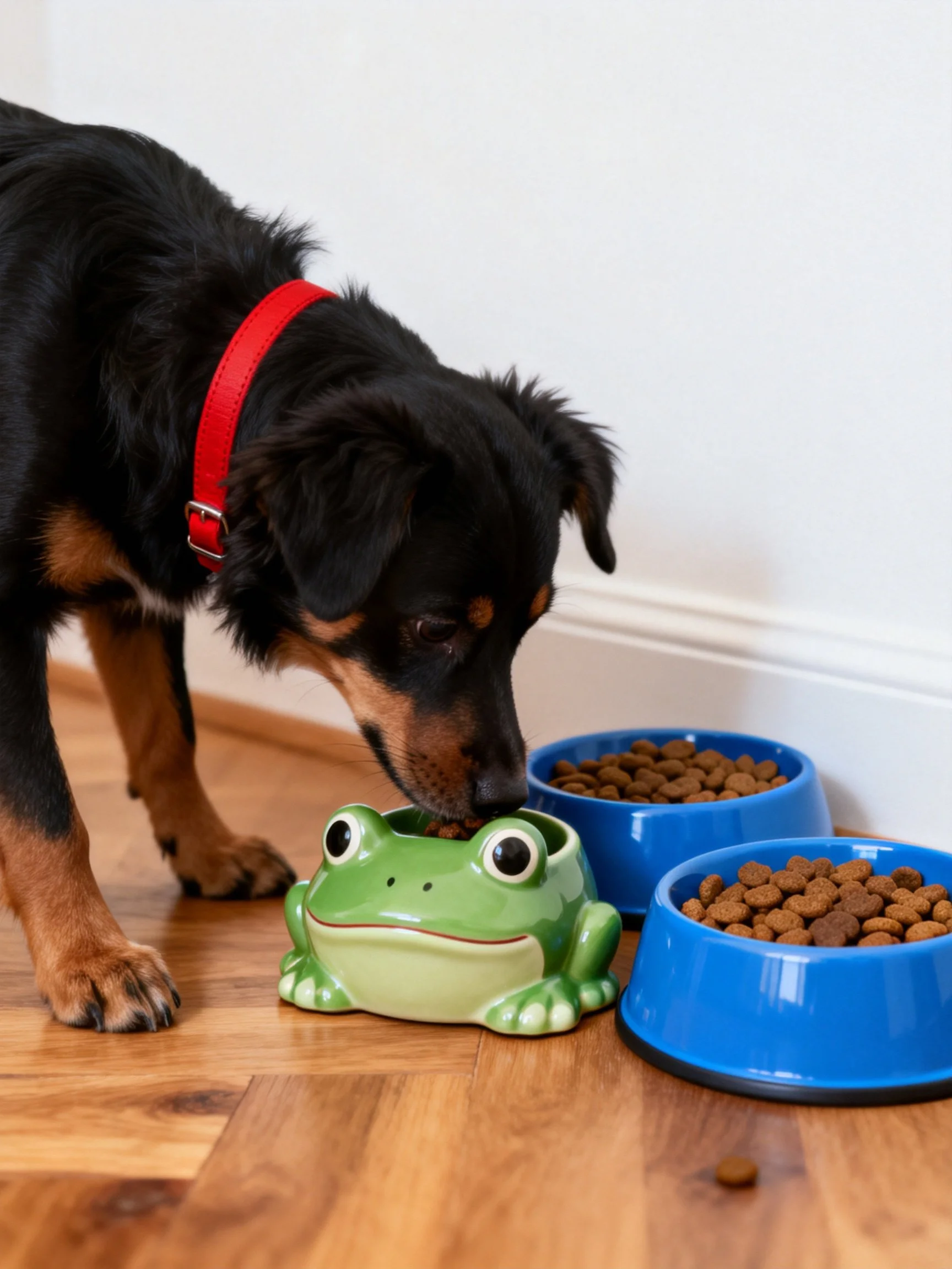 A black dog with red collar eats from green frog bowl near blue pet bowls