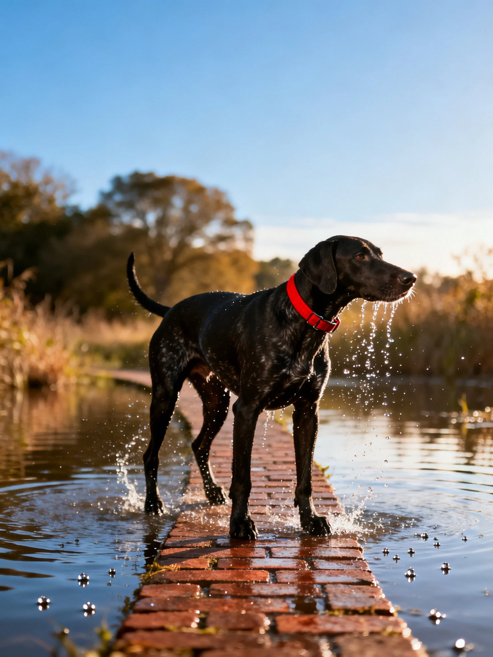 A black dog with a red collar stands on a wet brick path near water.