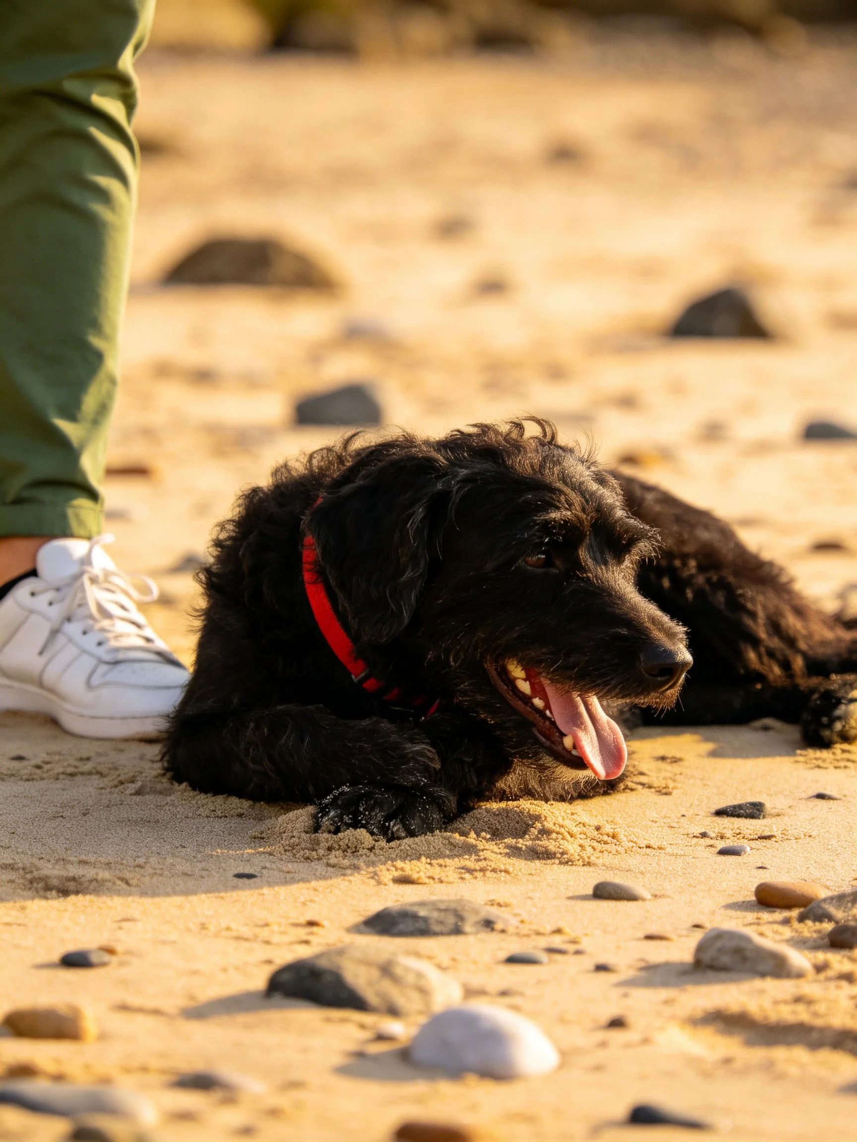 A black dog relaxes on sand near someone in green pants