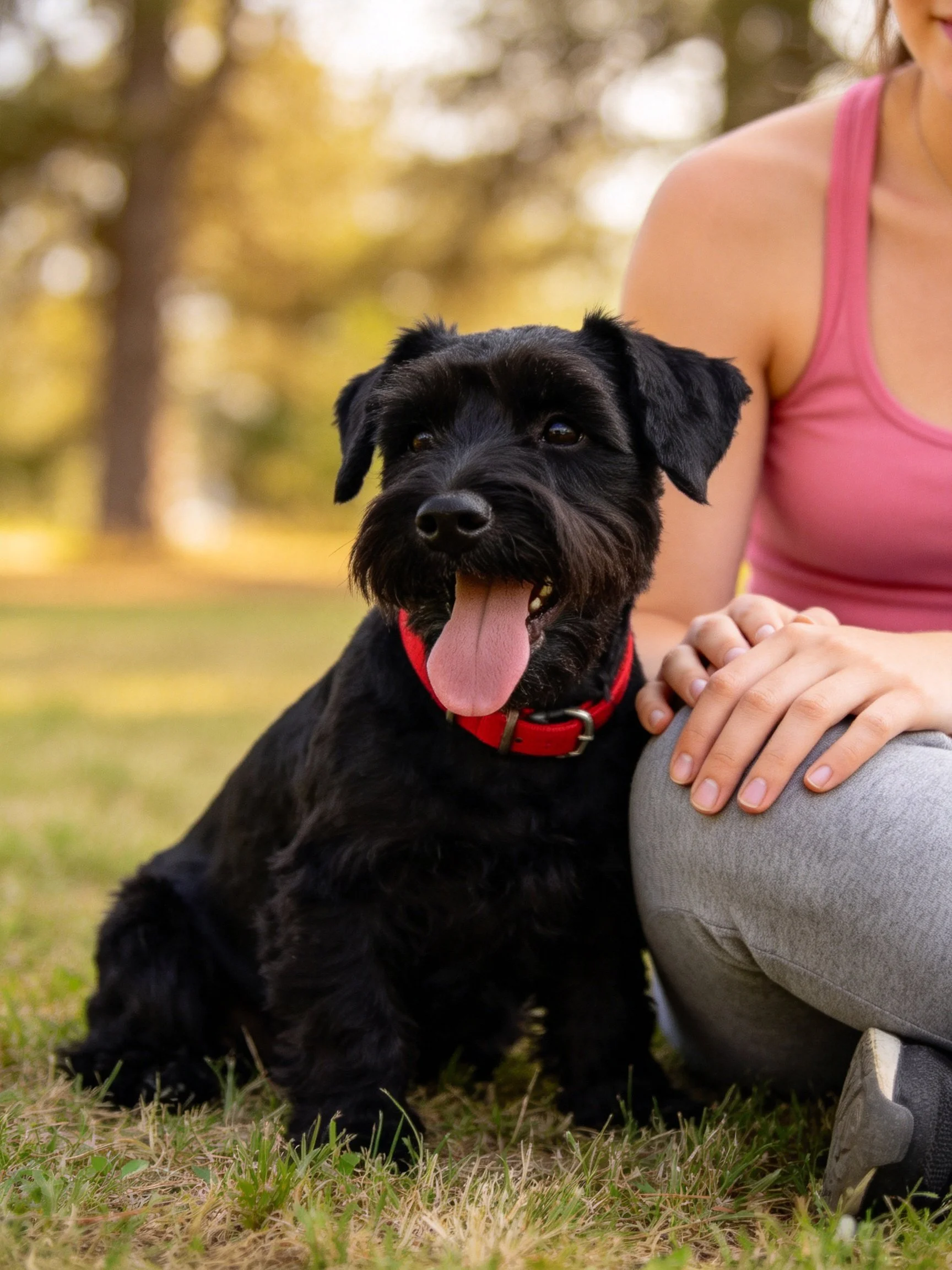 A black dog with a red collar sits beside a woman in a pink tank top outdoors