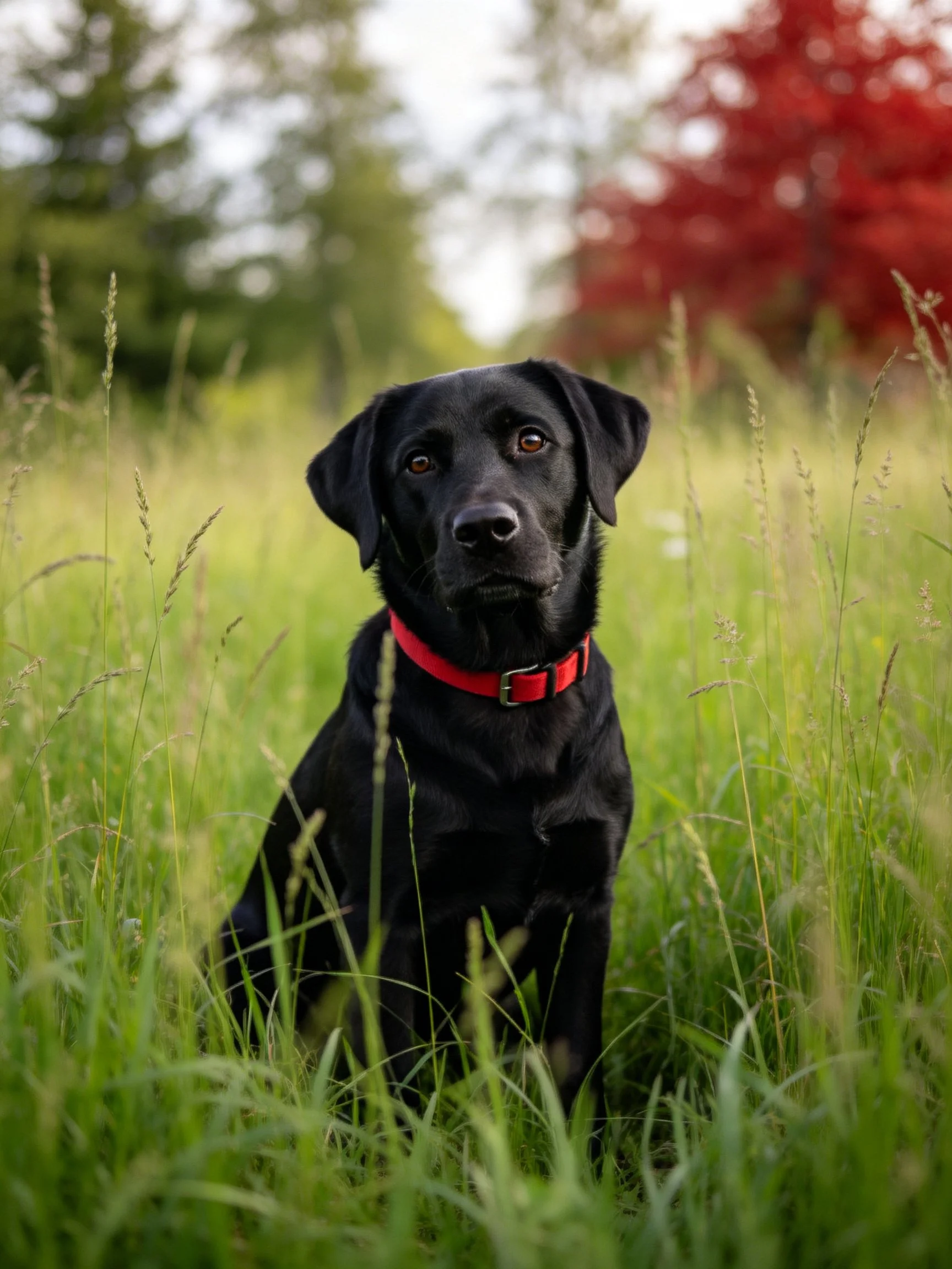 A black dog with red collar sitting in tall green grass near autumn foliage