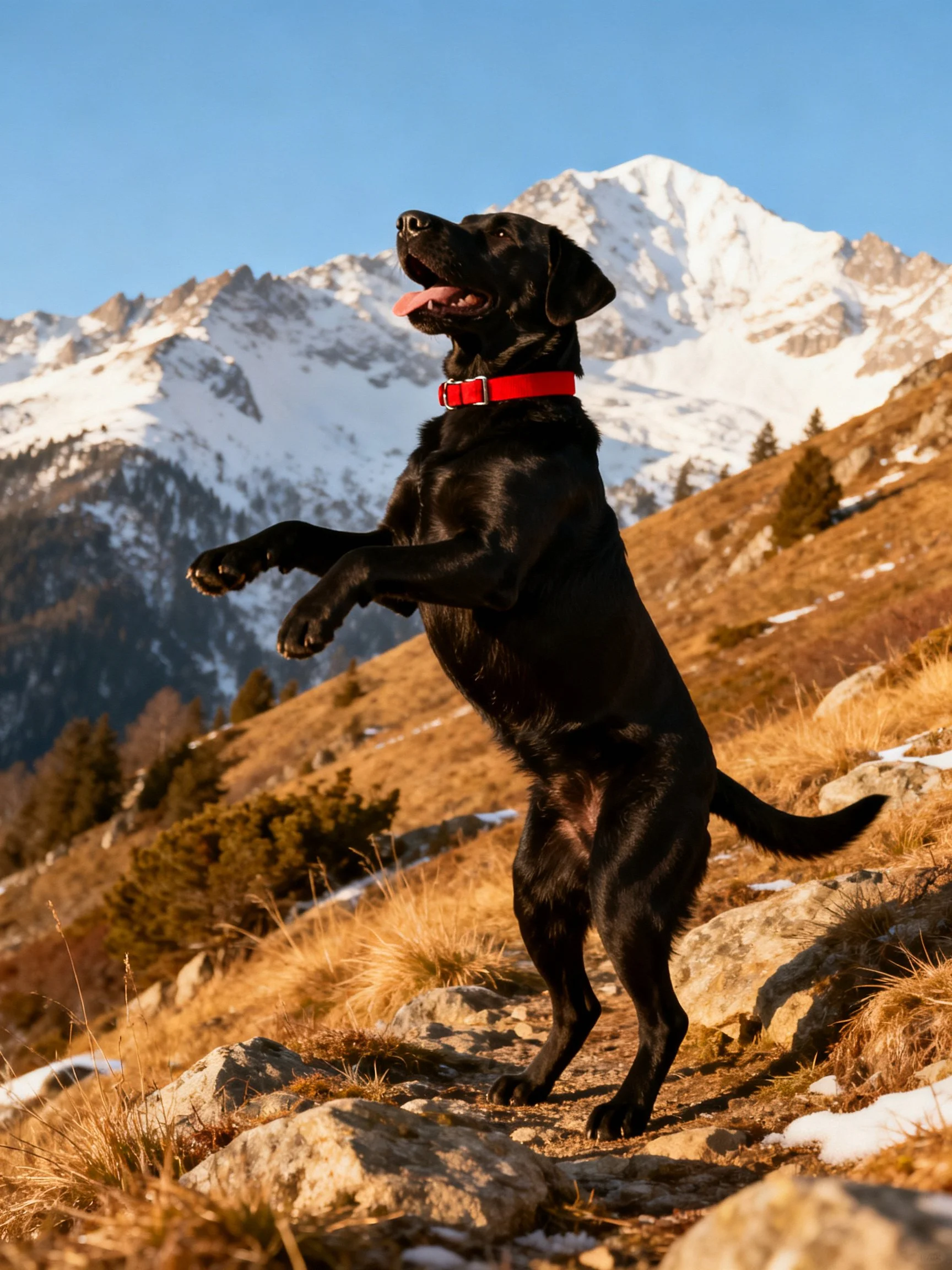 A black dog with a red collar stands on rocky ground near snow-covered mountain peaks.