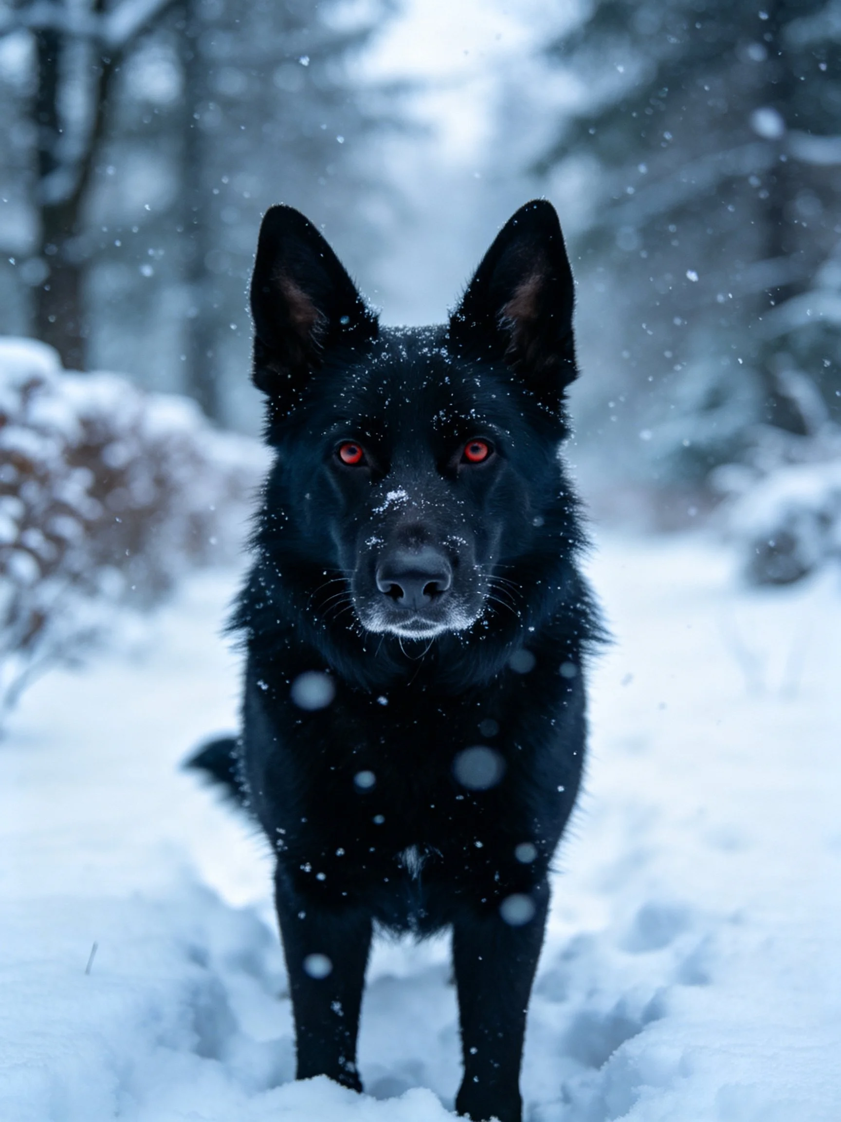 A black dog with red eyes stands amid falling snow in a wintry scene.