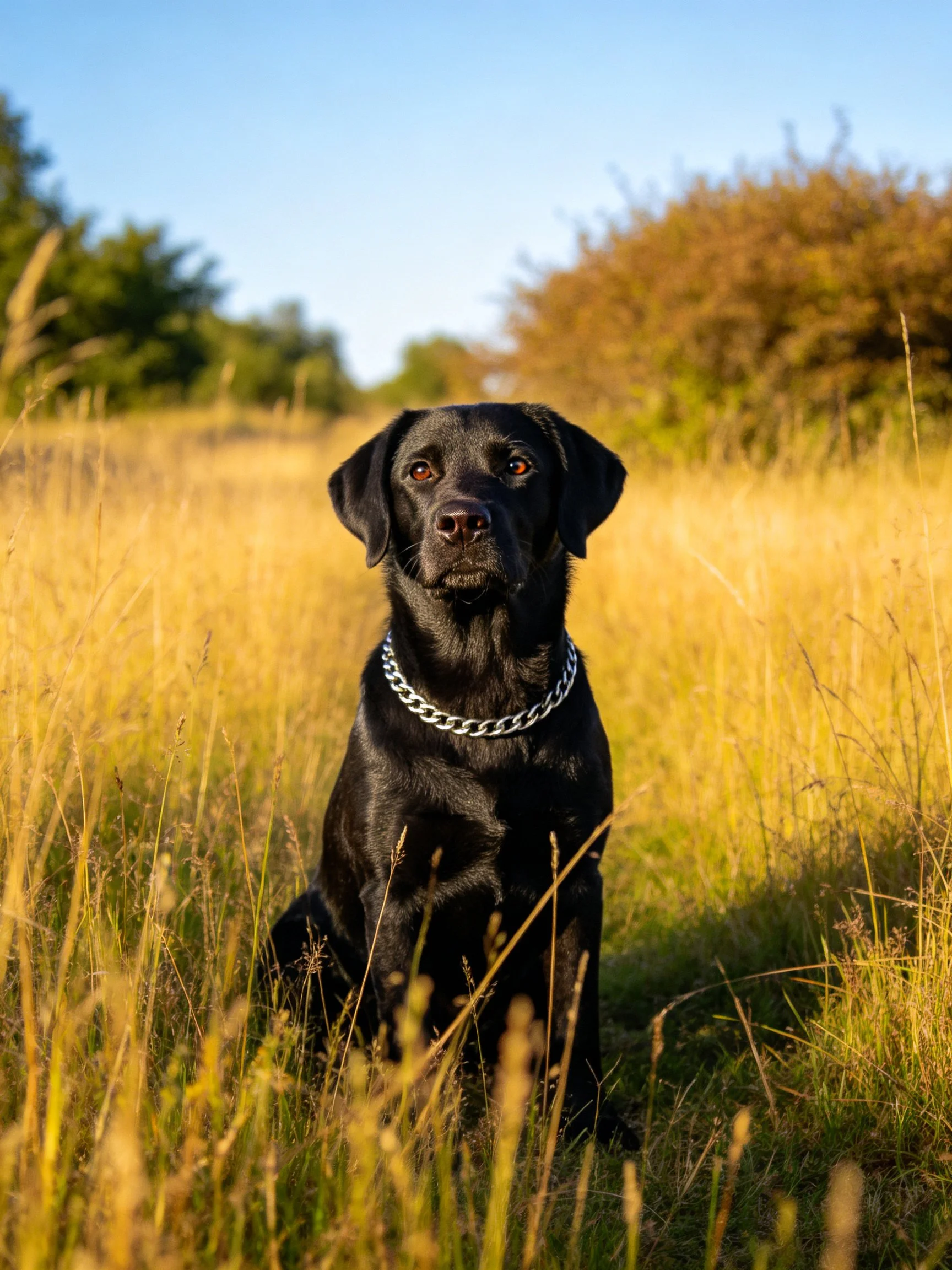 A black dog with silver chain collar in golden grassy field
