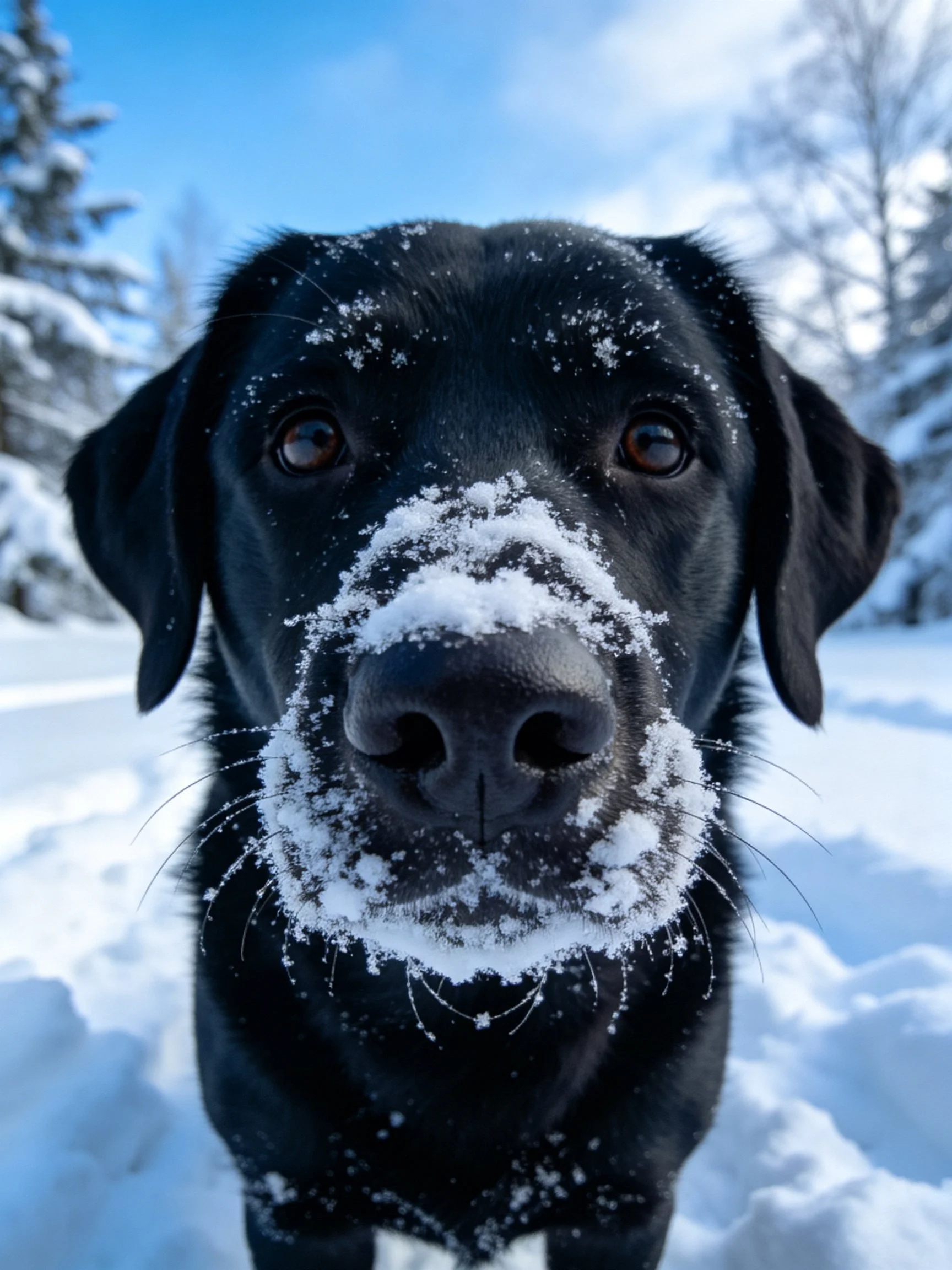 A black dog with snow - covered snout in wintry landscape