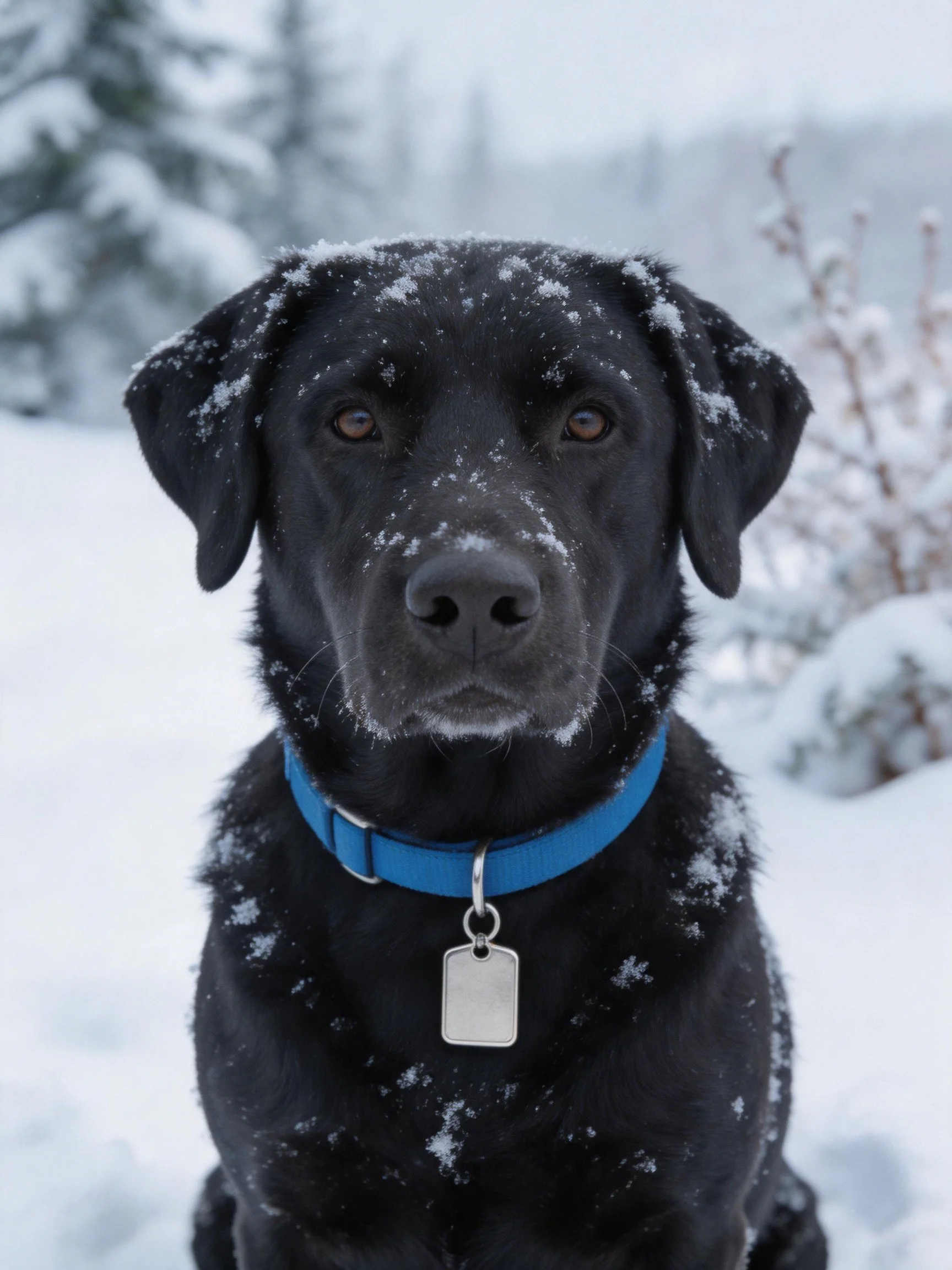 A black dog with snow-dusted fur sports a bright blue collar