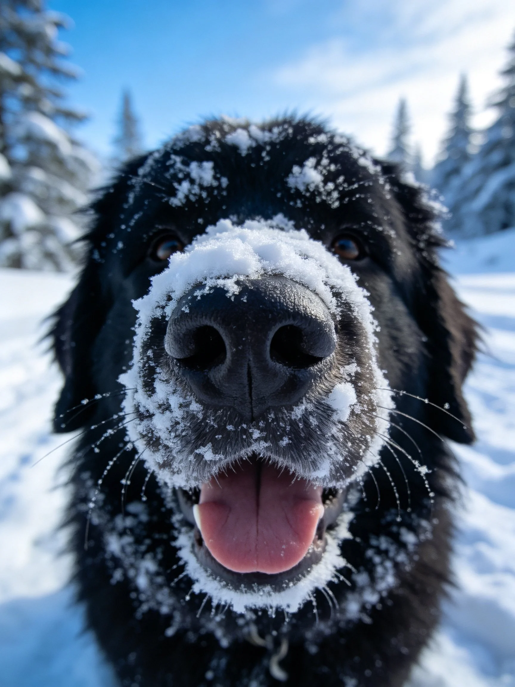 A black dog with snow on its face in a snowy landscape