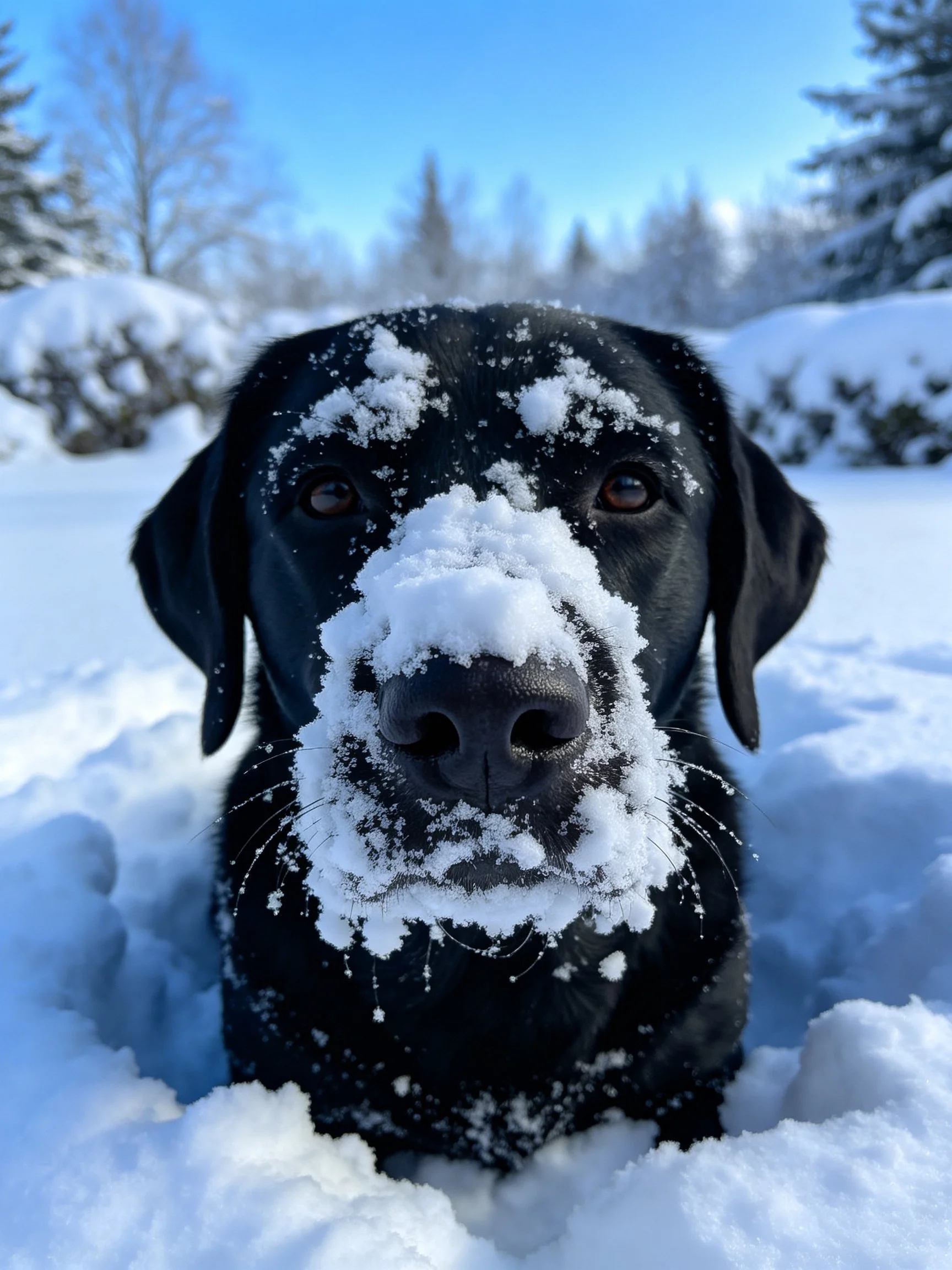 A black dog with snow on its face in a snowy landscape