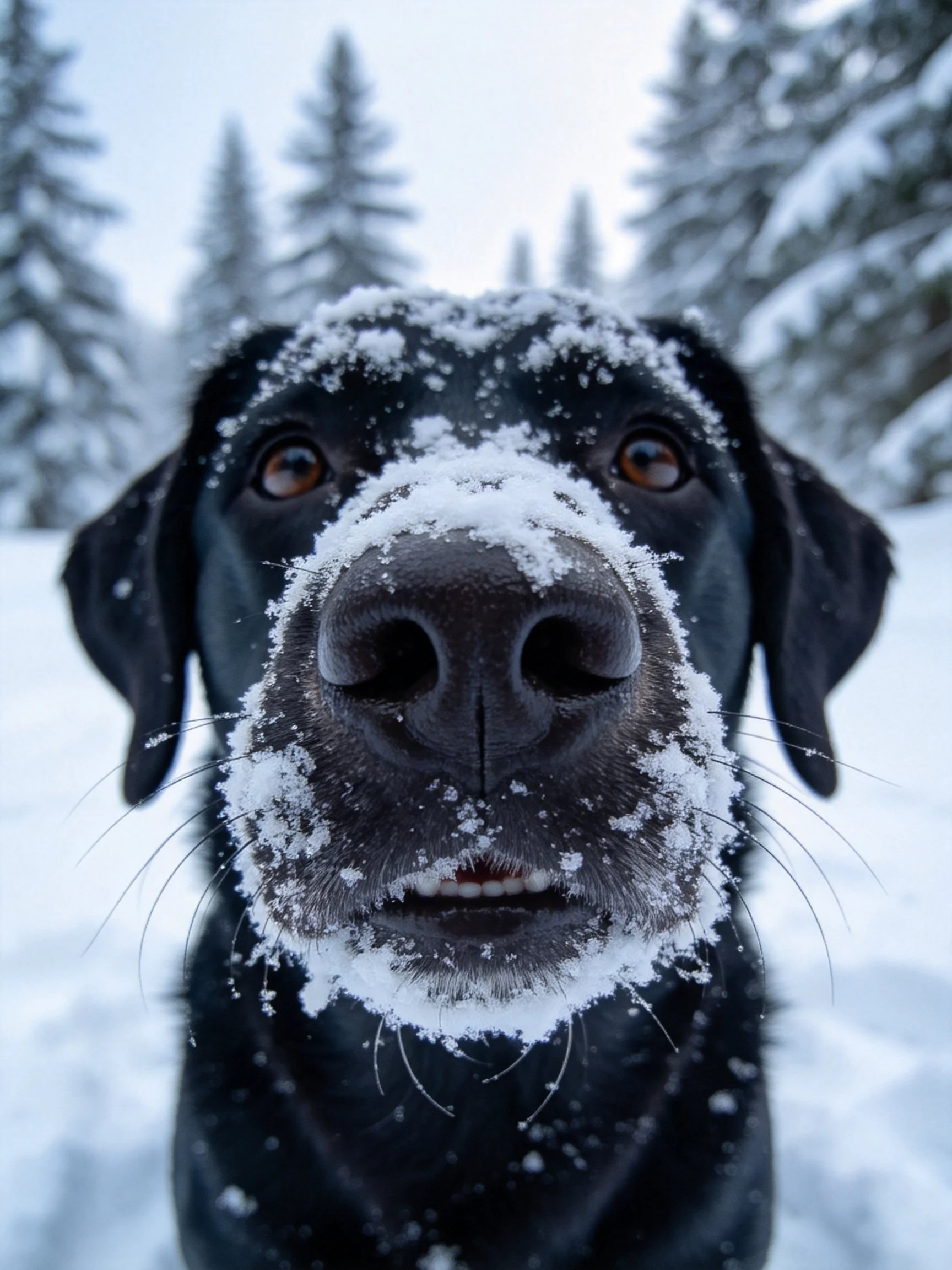 A black dog with snow on its face in a wintry forest