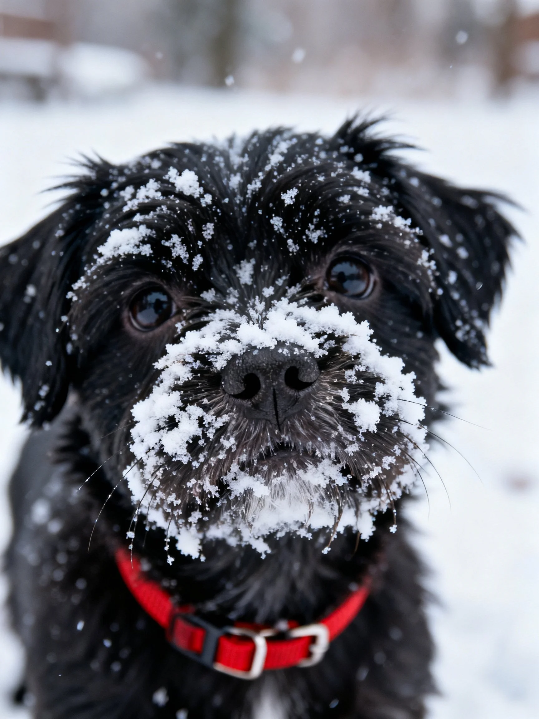 A black dog with snow on its face is in a snowy outdoor setting