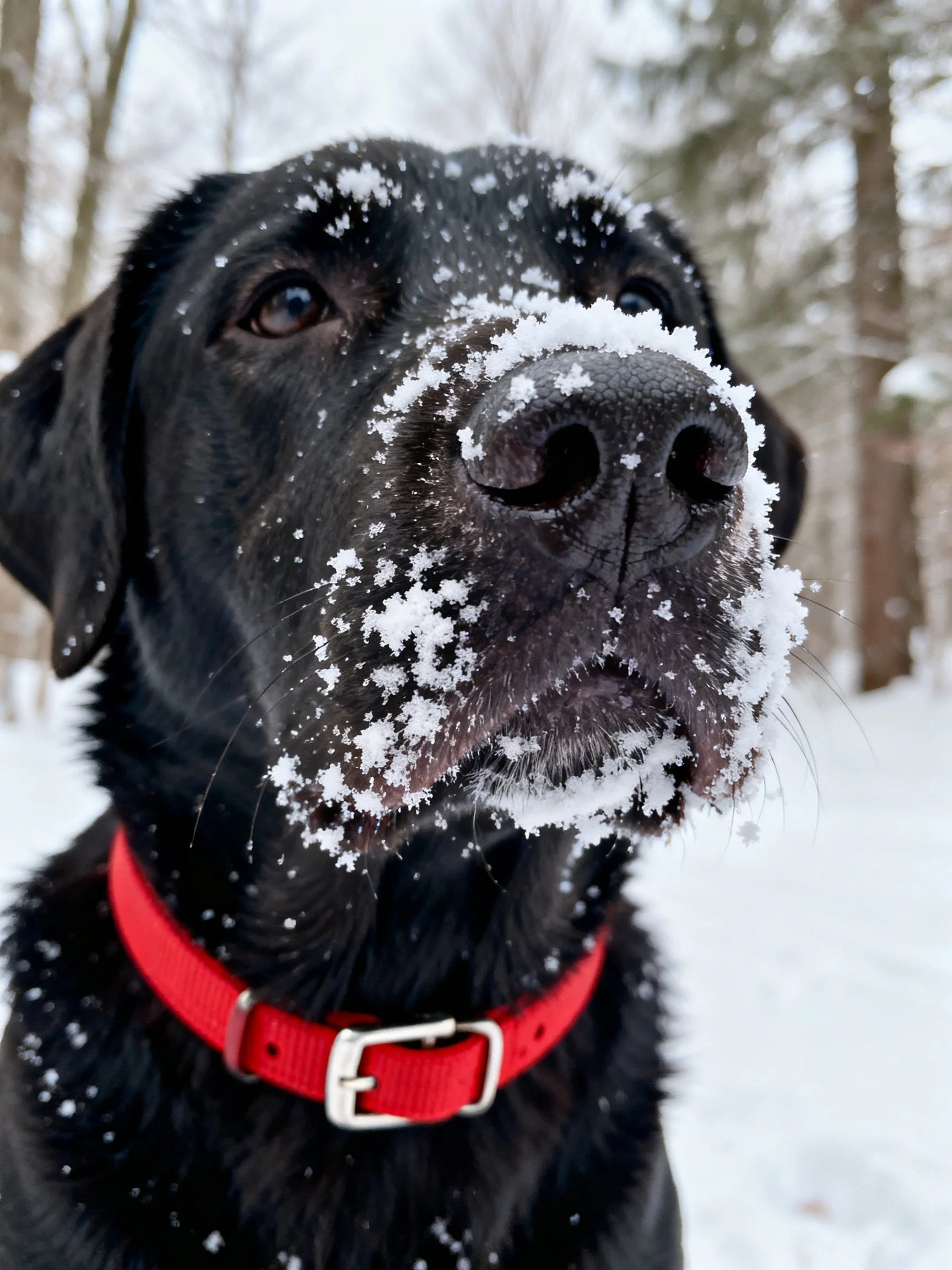 A black dog with snow on its face wears a red collar in a snowy forest