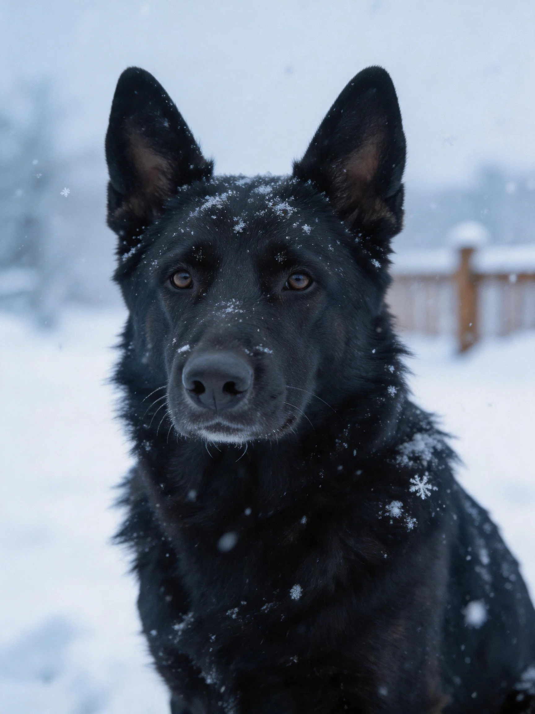 A black dog with snowflakes on its fur in a snowy outdoor scene