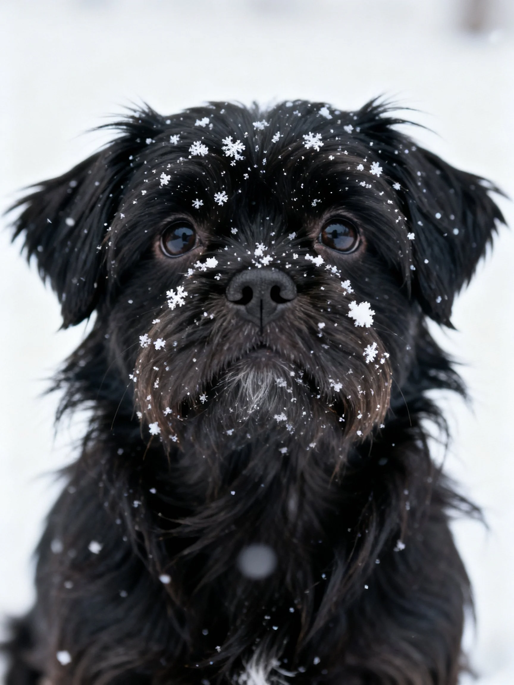 A black dog with snowflakes on its shaggy fur in a snowy landscape