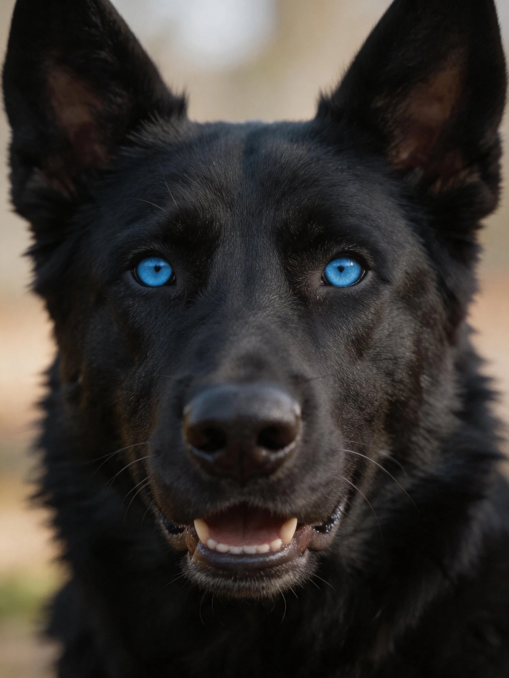 Close-up of a black dog showcasing bright blue eyes and attentive expression.