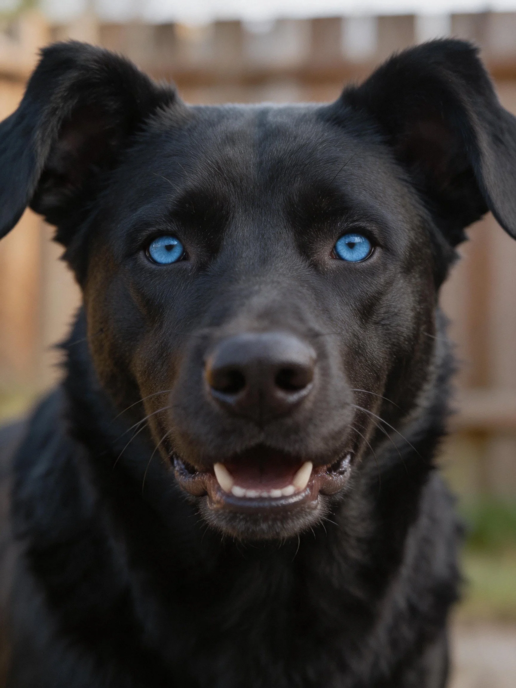 A black dog with striking blue eyes, close-up portrait