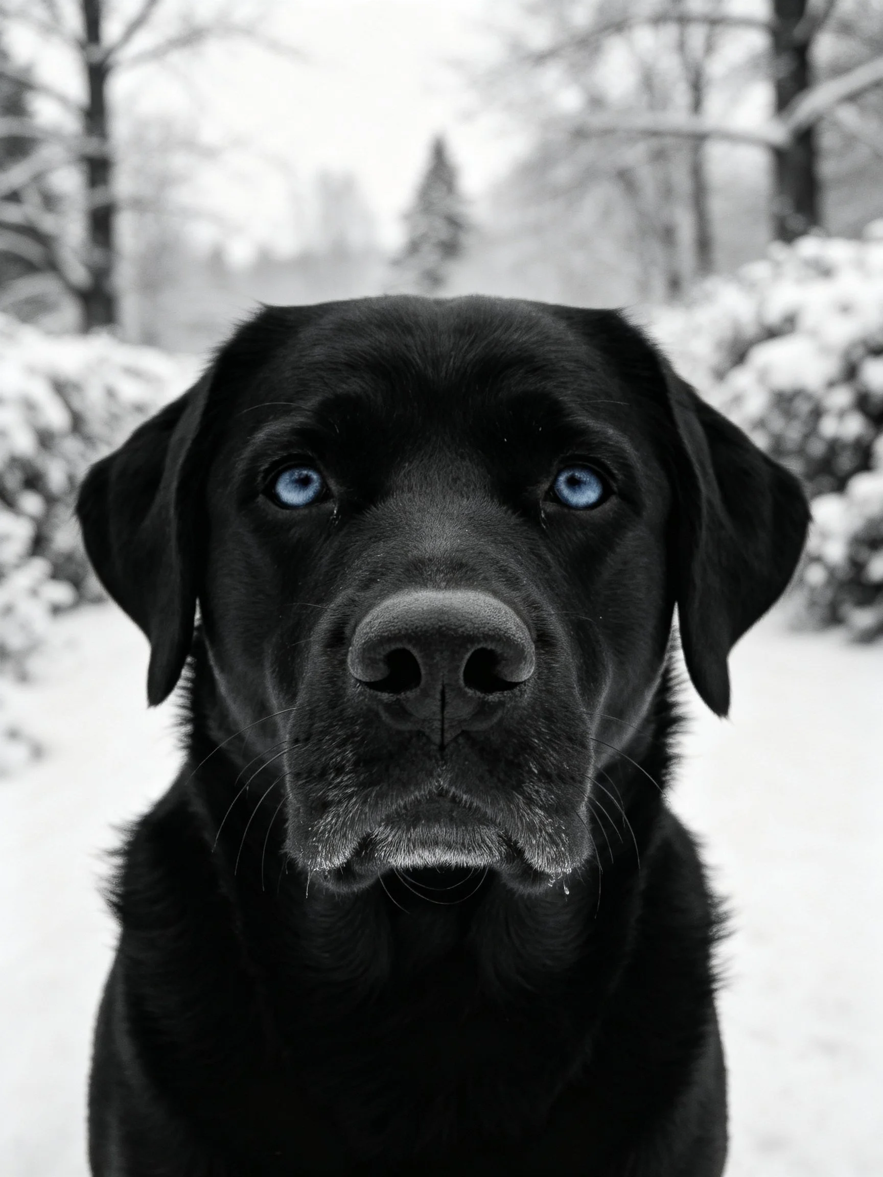 A black dog with striking blue eyes in a wintry landscape