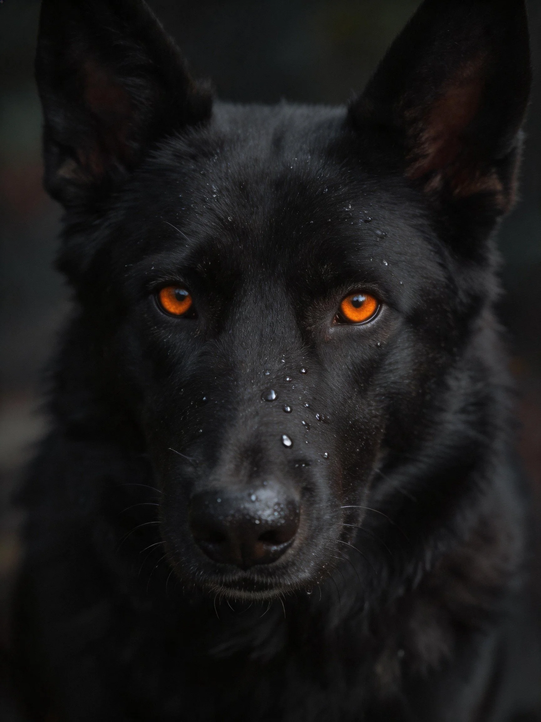 A black dog with striking orange eyes and wet fur details