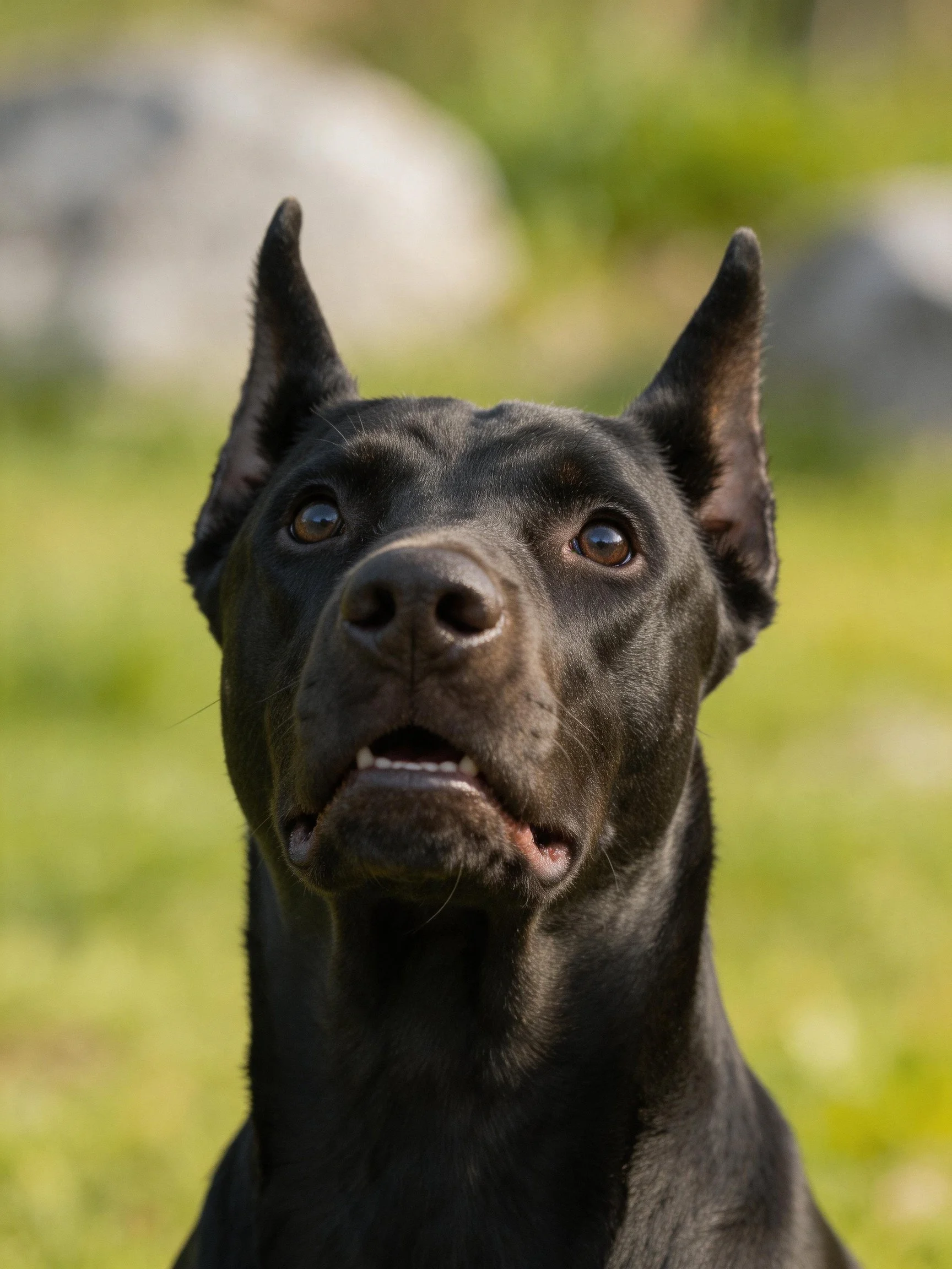 A black dog with upright ears gazes upward outdoors