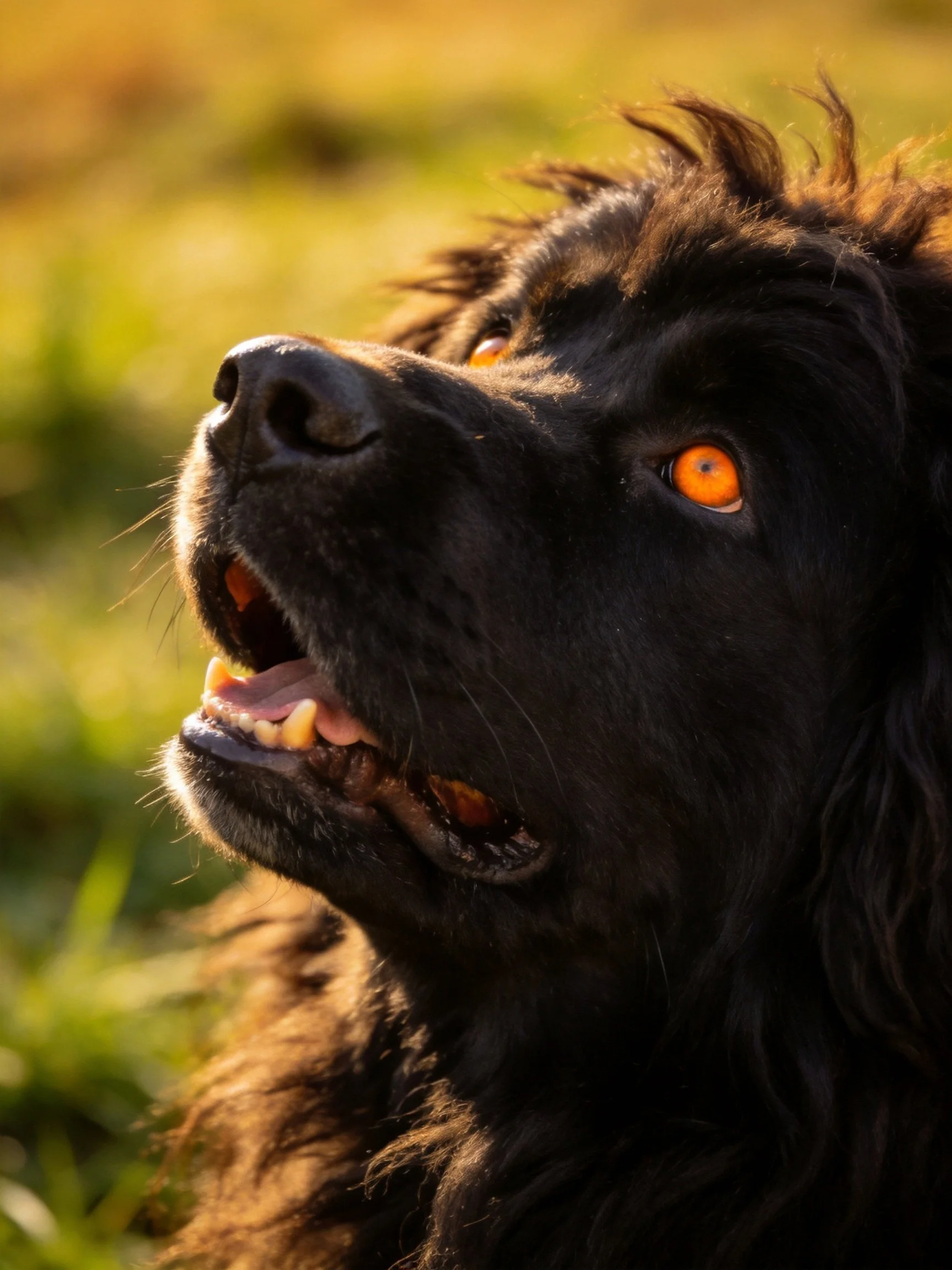 A black dog with orange eyes looks upward in a sunlit environment.
