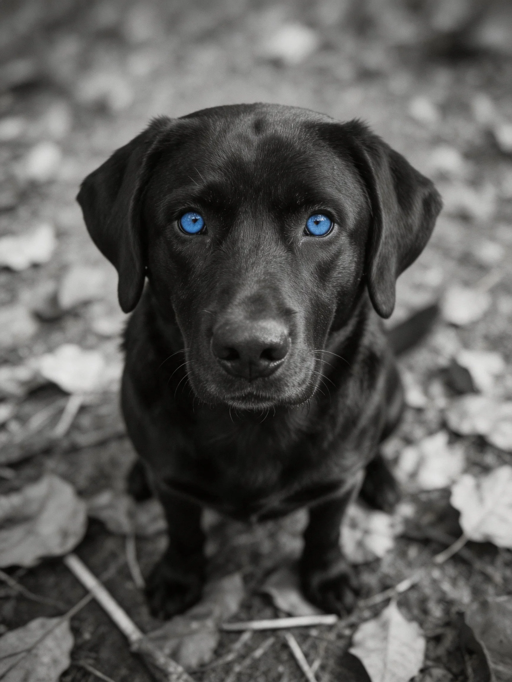 A black dog with blue eyes sits among monochrome fallen leaves.