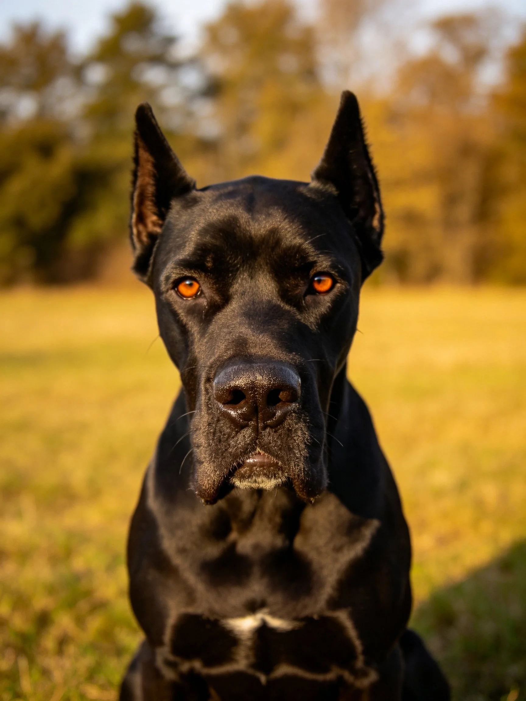 A black dog with vivid orange eyes sits calmly in a sunlit outdoor setting.