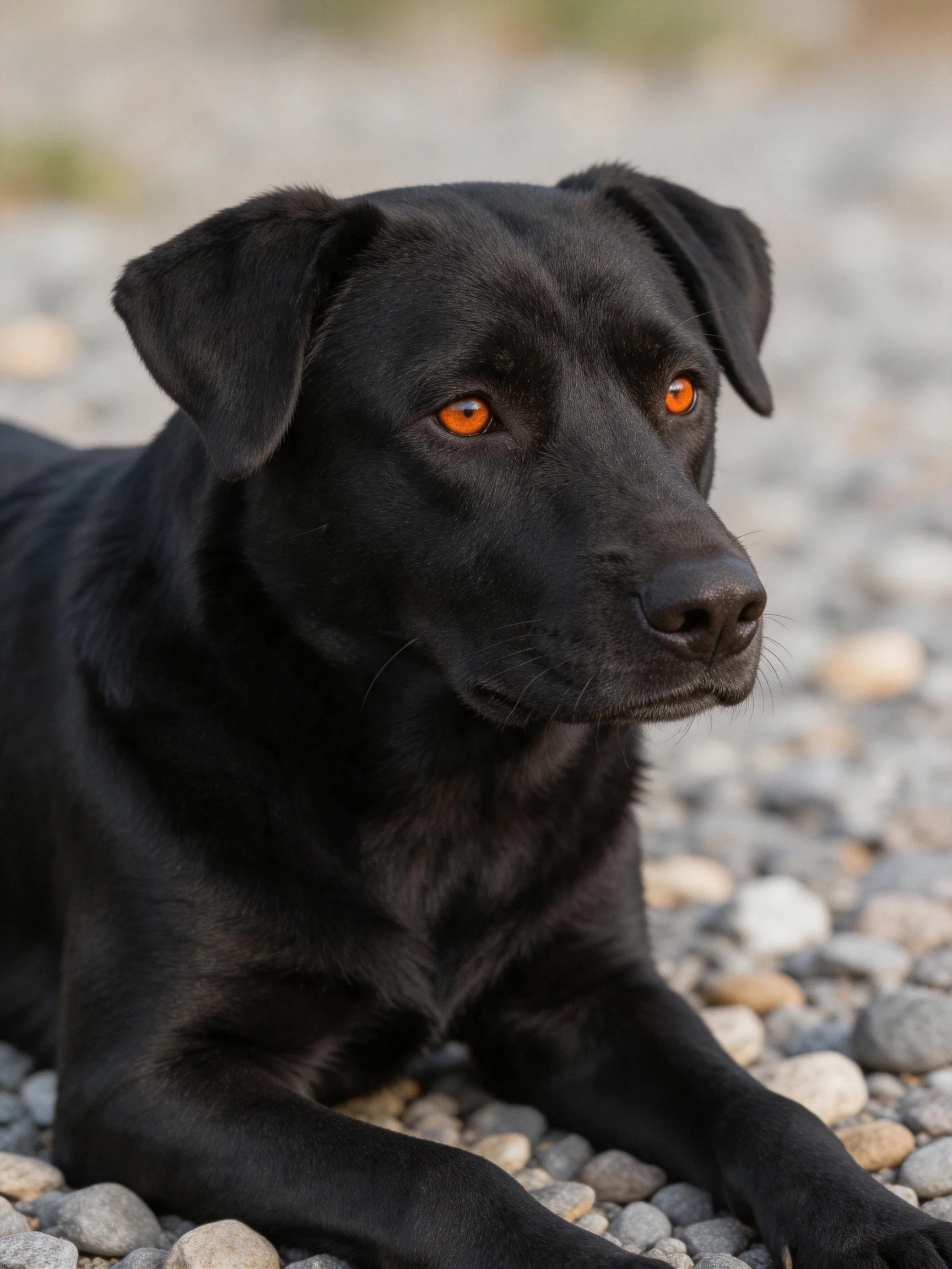 A black dog with orange eyes lies peacefully among small stones.