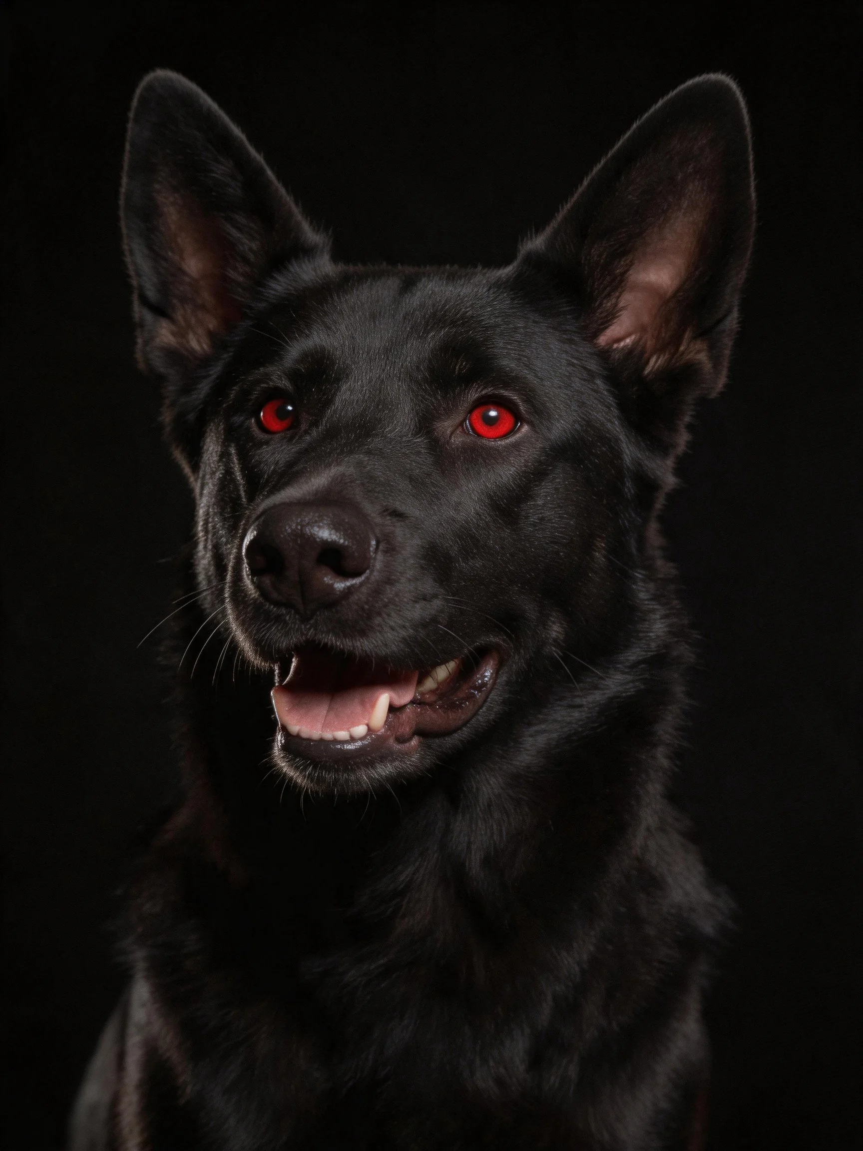 A black dog with bright red eyes stands out against a dark backdrop.