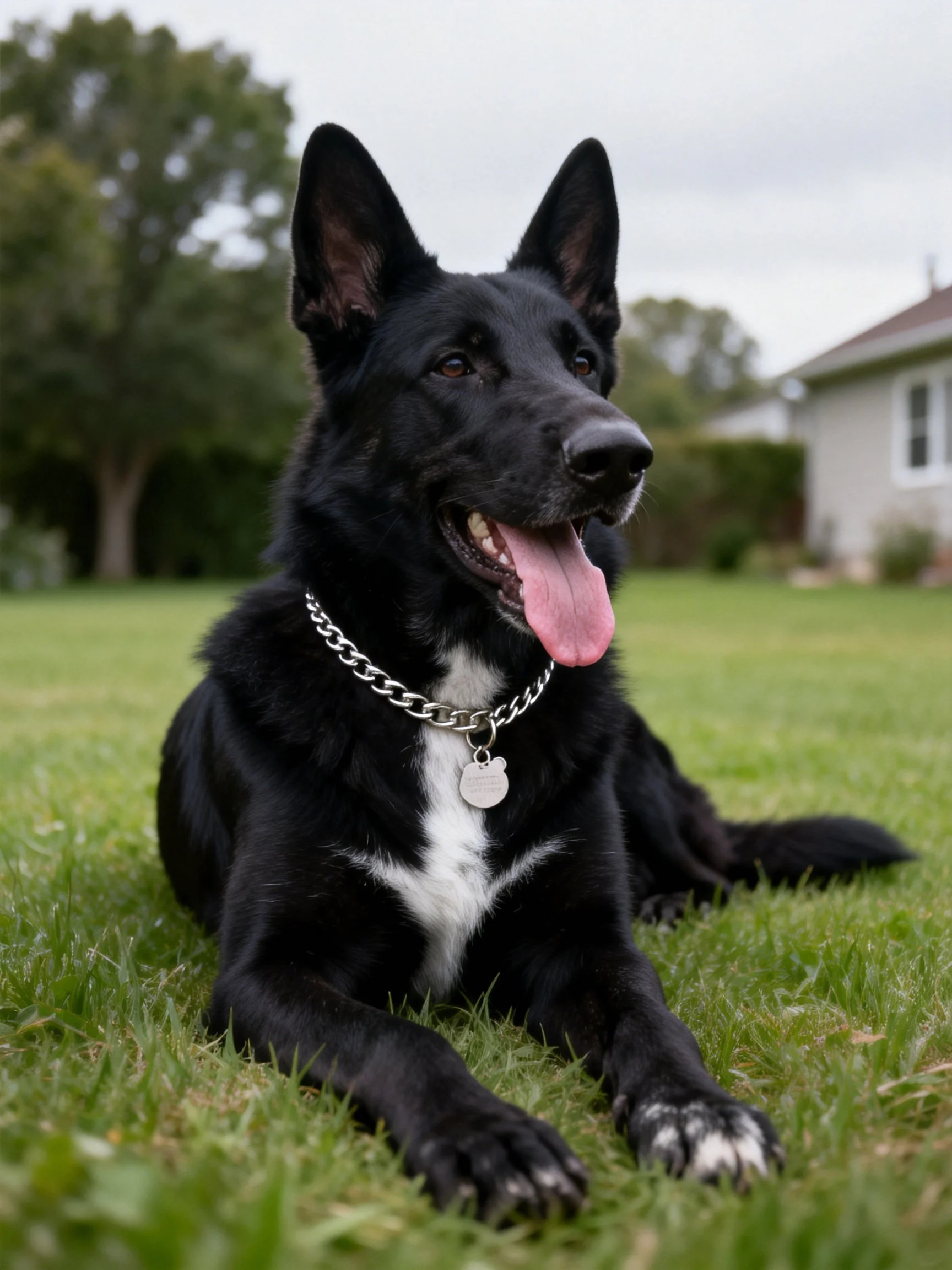A black dog with white chest rests on green grass.
