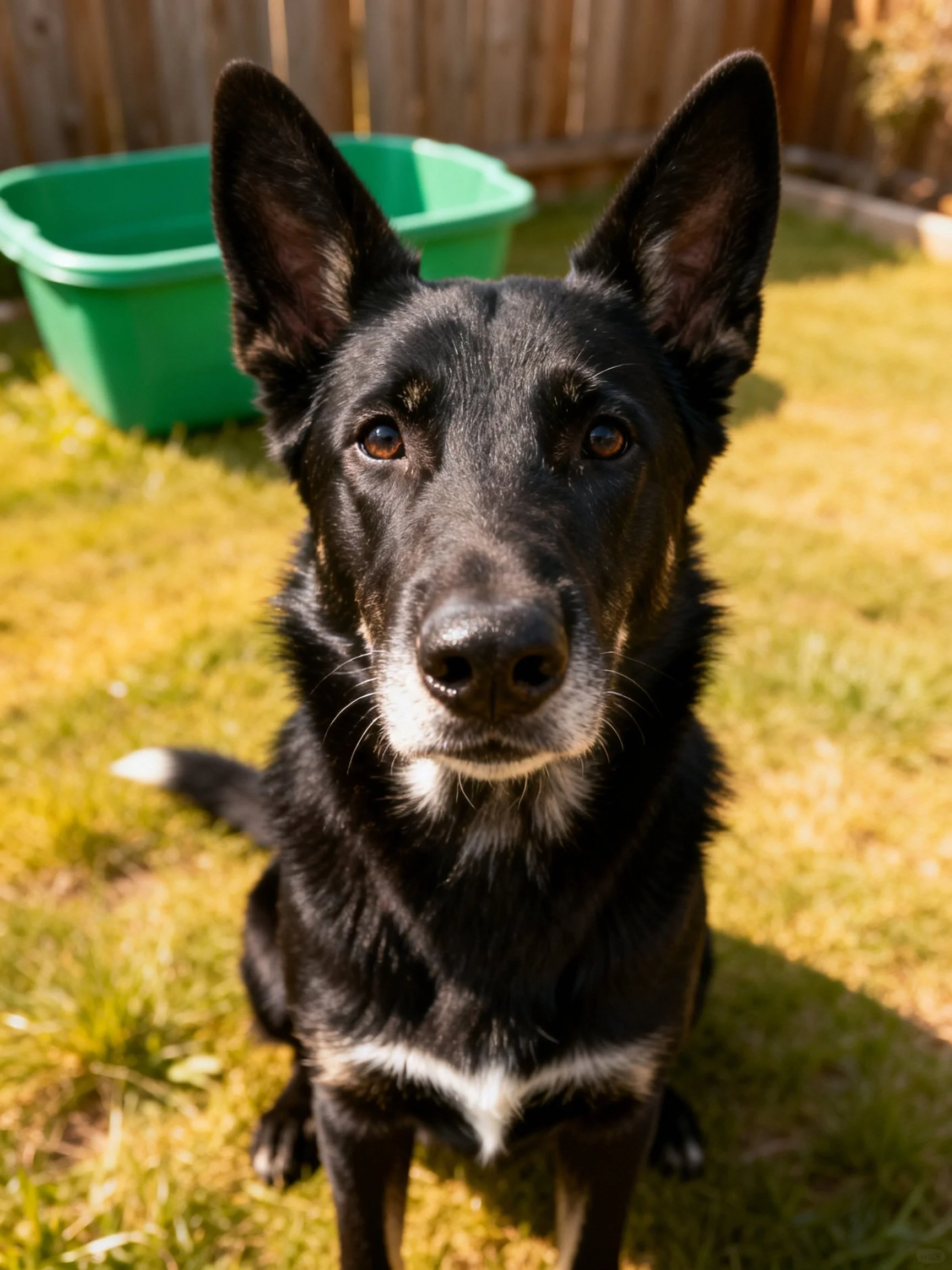A black dog with white markings sits on grass near a green container